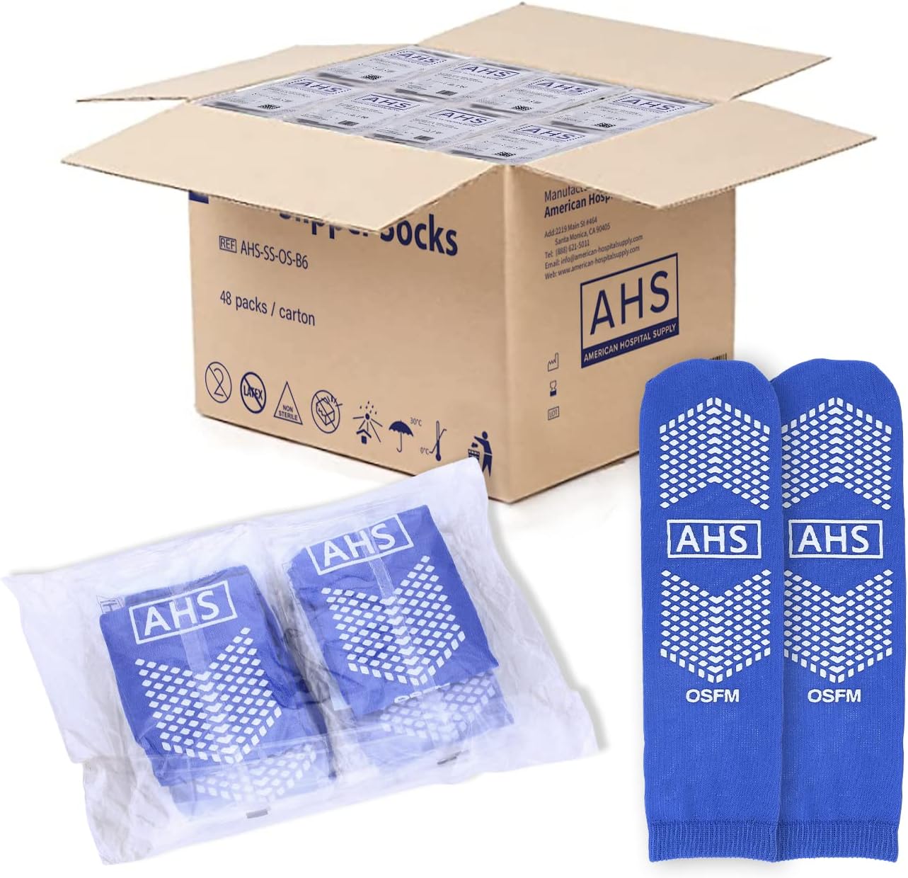 AMERICAN HOSPITAL SUPPLY No Skid Socks | Blue One Size Fits Most Grip Socks with Elastic Cuff | Pack of 48 Grip Socks