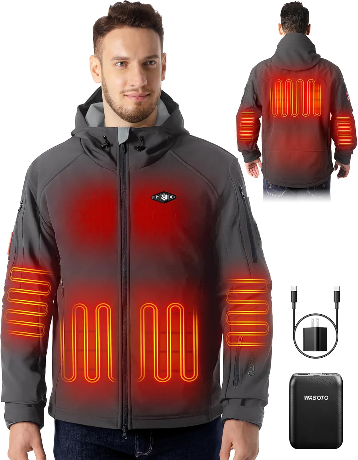 WASOTO Heated Jackets for Men With 16000mAh Battery Pack Included Windproof Water Resistant Mens Heated Jacket with Foldable Hood (Grey, 2XL)