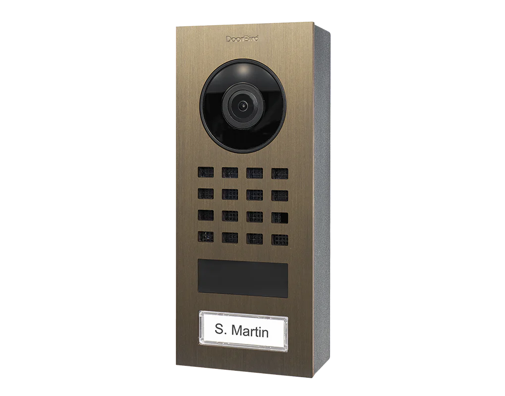 DoorBird D1101V Surface-Mount IP Video Intercom, 1 Call Button in Real Burnished Brass