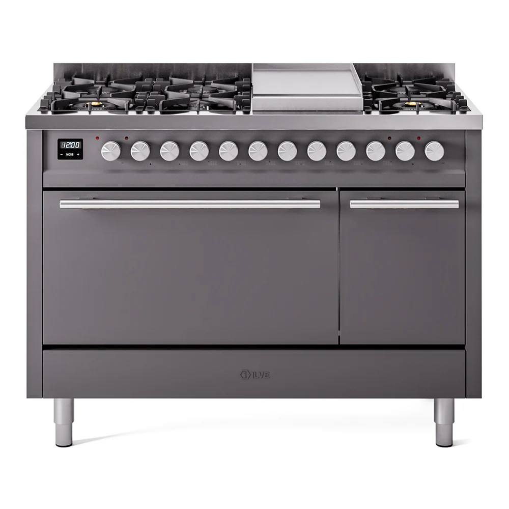 ILVE 48-Inch Professional Plus II Dual Fuel Range with 8 Burners, Griddle, and Solid Door Oven in Matte Graphite (UP48FQMPMG)