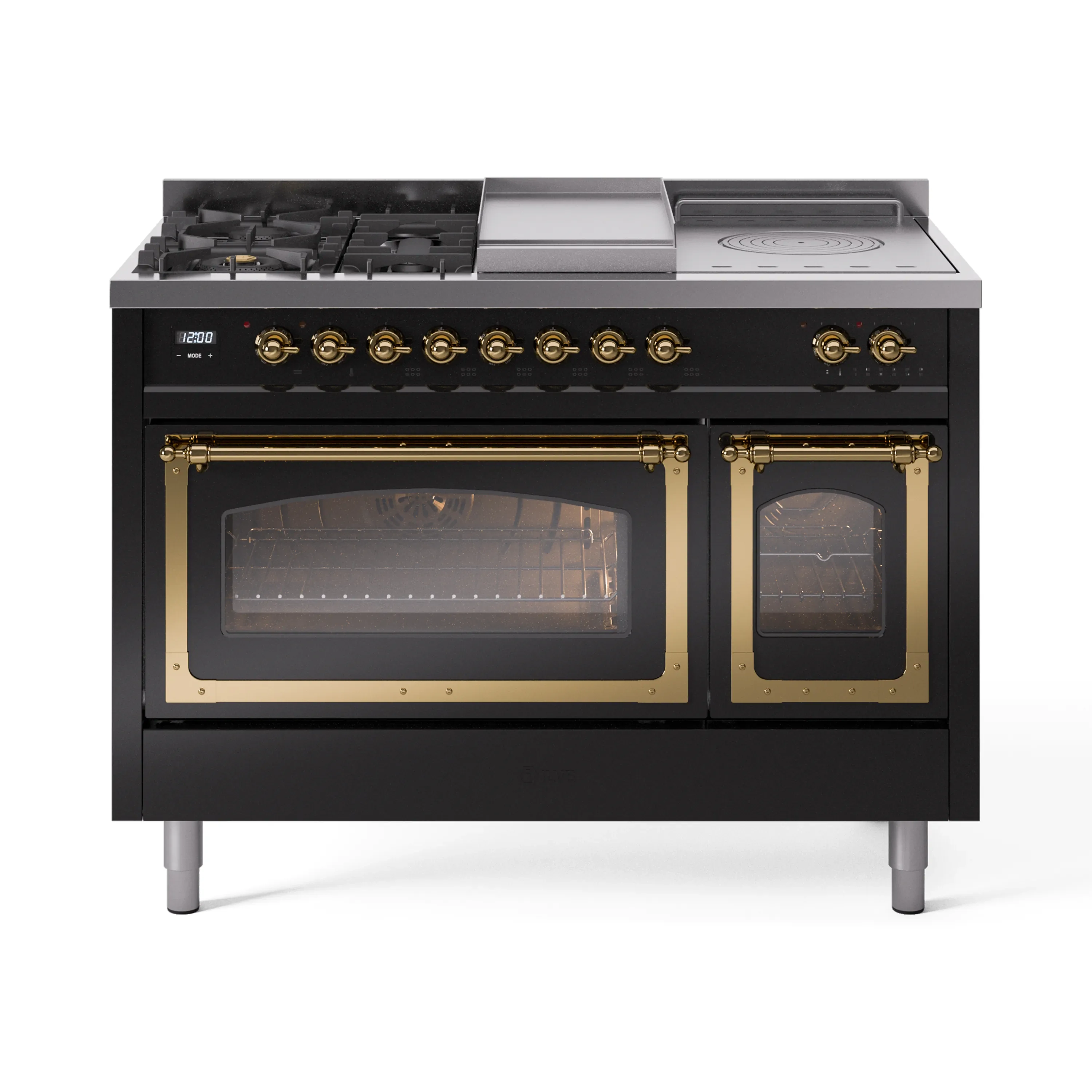 ILVE Nostalgie II Noblesse 48-Inch Dual Fuel Range with 5 Burners, Griddle, & French Top with Triple Glass Door Oven in Glossy Black with Brass Trim (UN48FSNMPBKG)