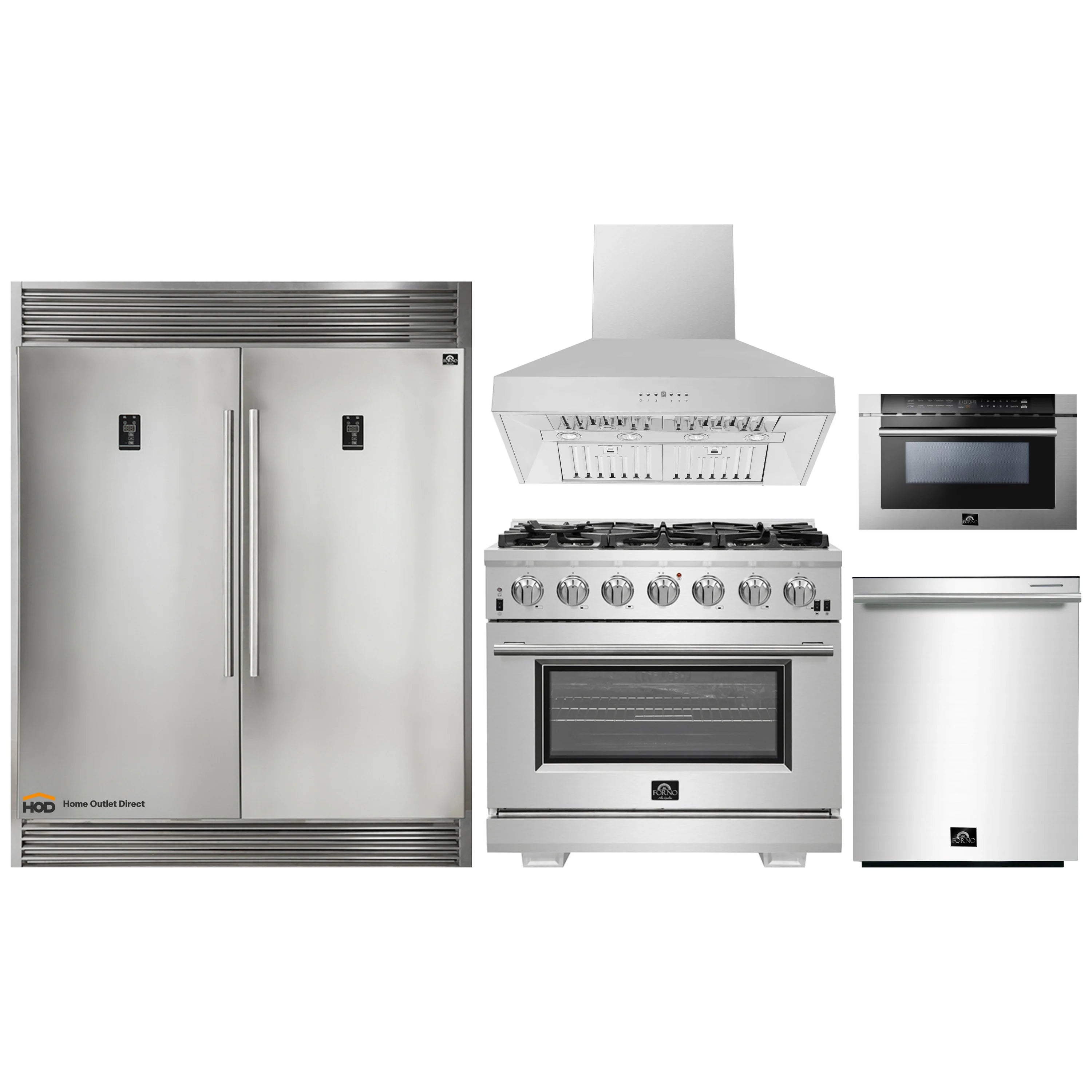 Forno 5-Piece Pro Appliance Package - 36-Inch Gas Range, 60-Inch Pro-Style Refrigerator, Wall Mount Hood, 24-Inch Microwave Drawer, & 3-Rack Dishwasher in Stainless Steel