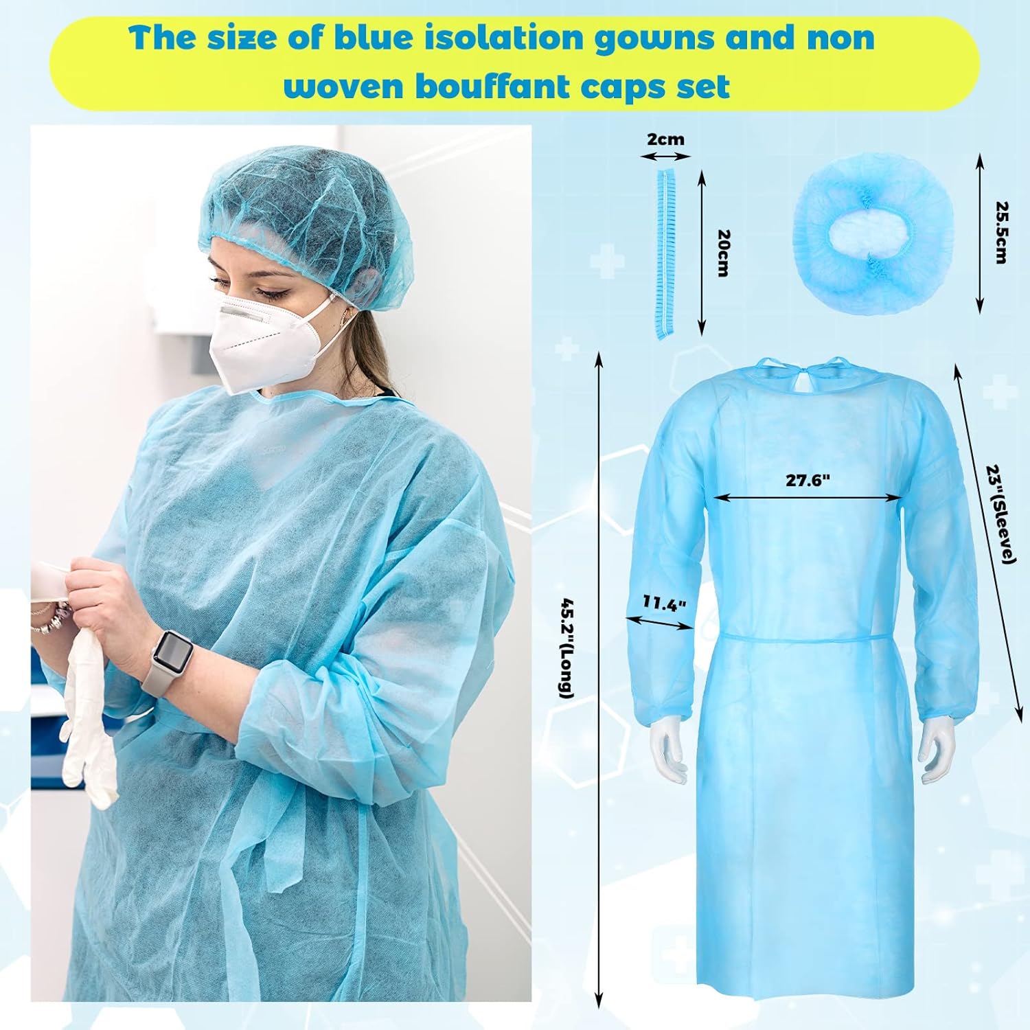 Xuhal Disposable Isolation Gowns Set PPE Gowns Disposable and Non Woven Bouffant Caps with Elastic Cuffs for Labs Home Isolation Beauty Agencies Food Service, Unisex Adult (Blue,300 Set)