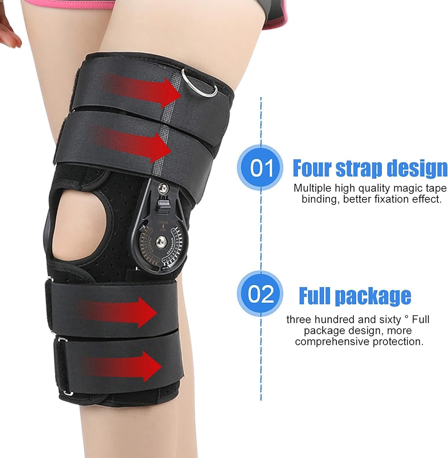 Hinged Knee Brace, Adjustable Knee Support Immobilizer with Straps, 0-120° Adjustable Angle, Lightweight Aluminum Alloy, Breathable Comfortable Fabric, for Postoperative Knee Pain(L