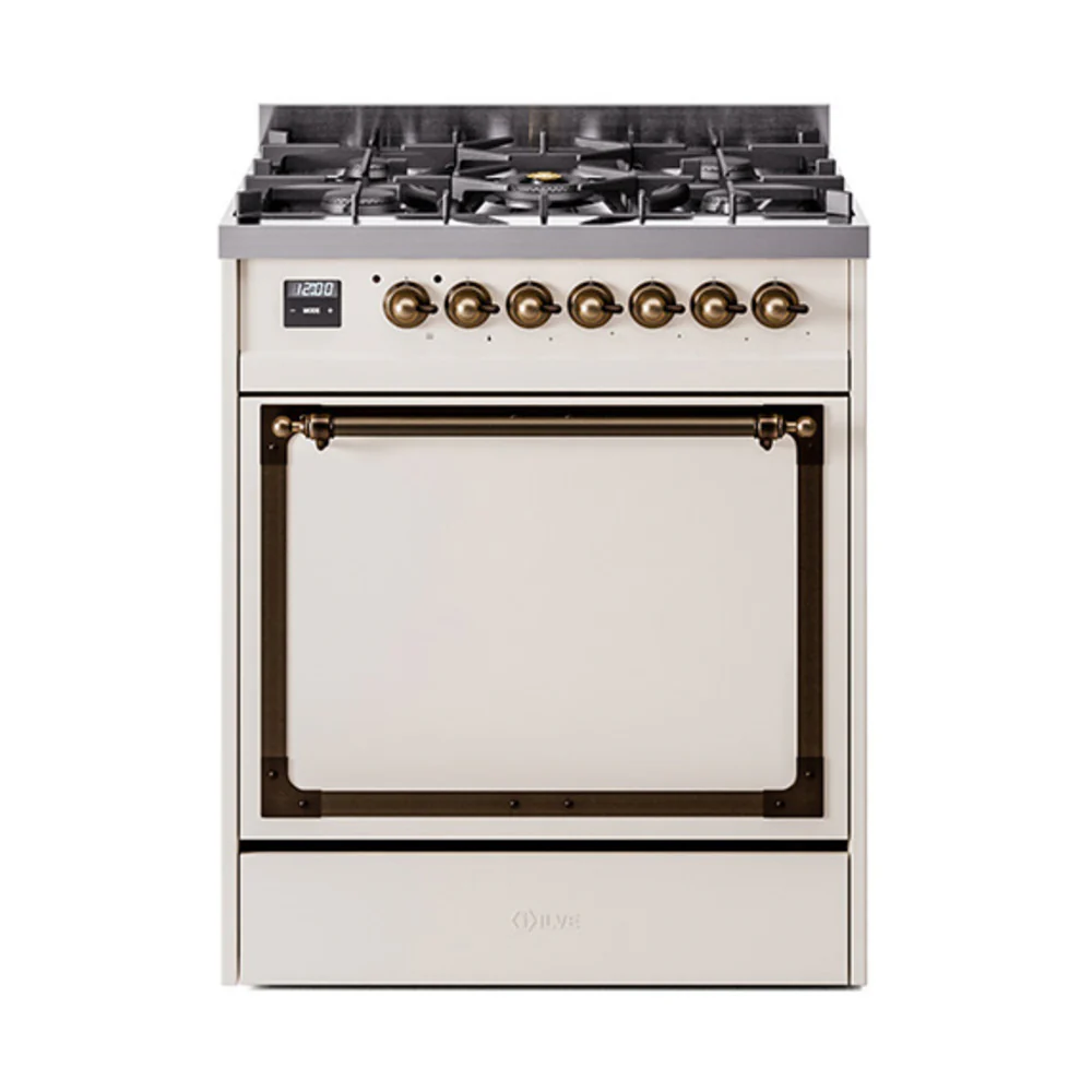 ILVE Nostalgie II Noblesse 30-Inch Dual Fuel Range with Solid Door in Antique White with Bronze Trim (UN30QNMPAWB)