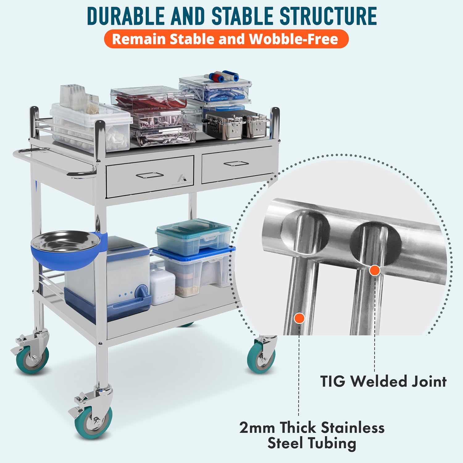 *Improved & Upgraded* Medical Stainless Steel 2 Tier Rolling Cart with Wheels and Drawers | Dental Hospital Nursing Trolley | Easy-to-Disinfect Phlebotomy Mobile Workstation