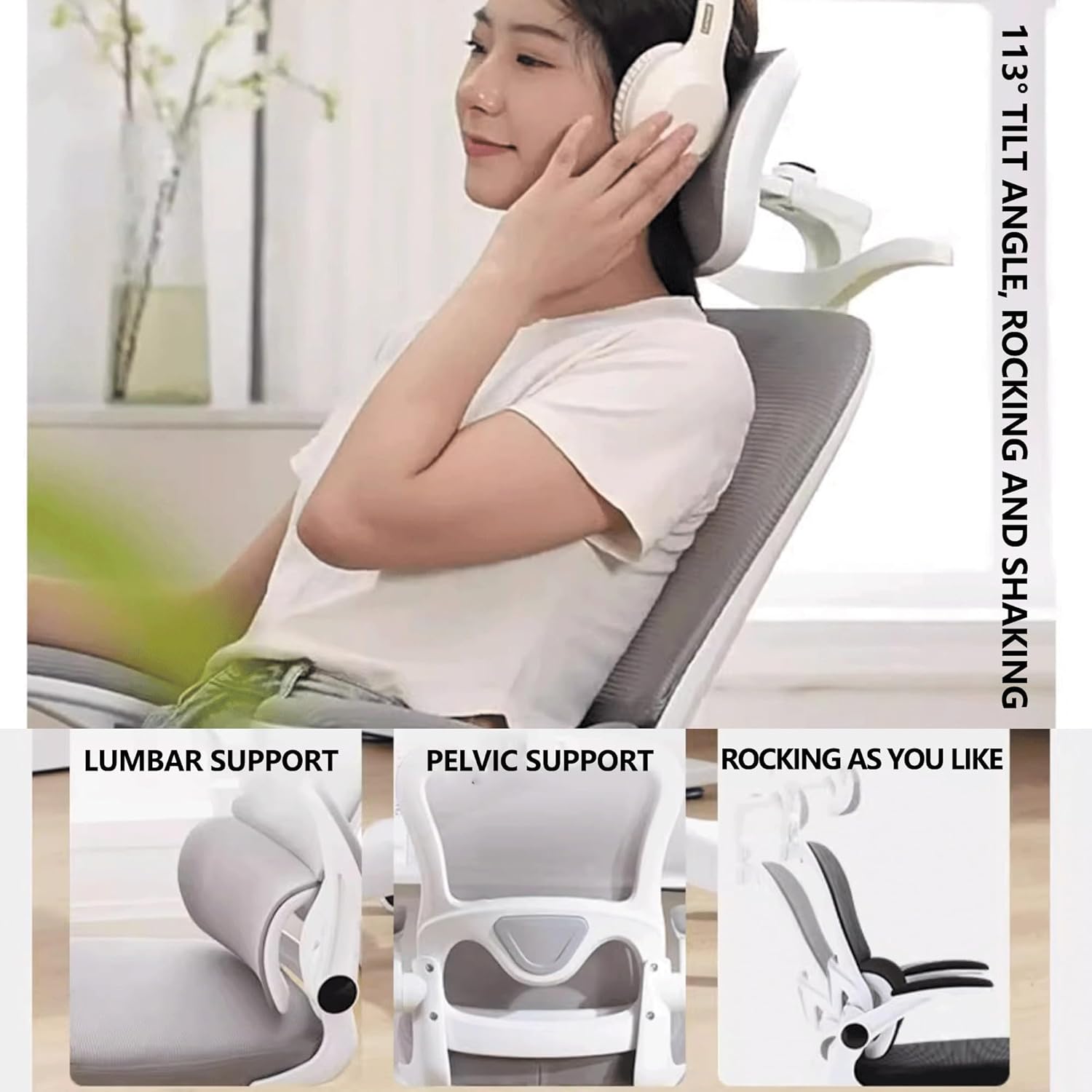 Ergonomic Office Gaming Chair with Adjustable 3D Lumbar Support Comfy Mesh Home Desk Chair with Flip Up Armrest and Swivel Tilt Ideal for Study Work Executive Office Livi,Gray-One Size