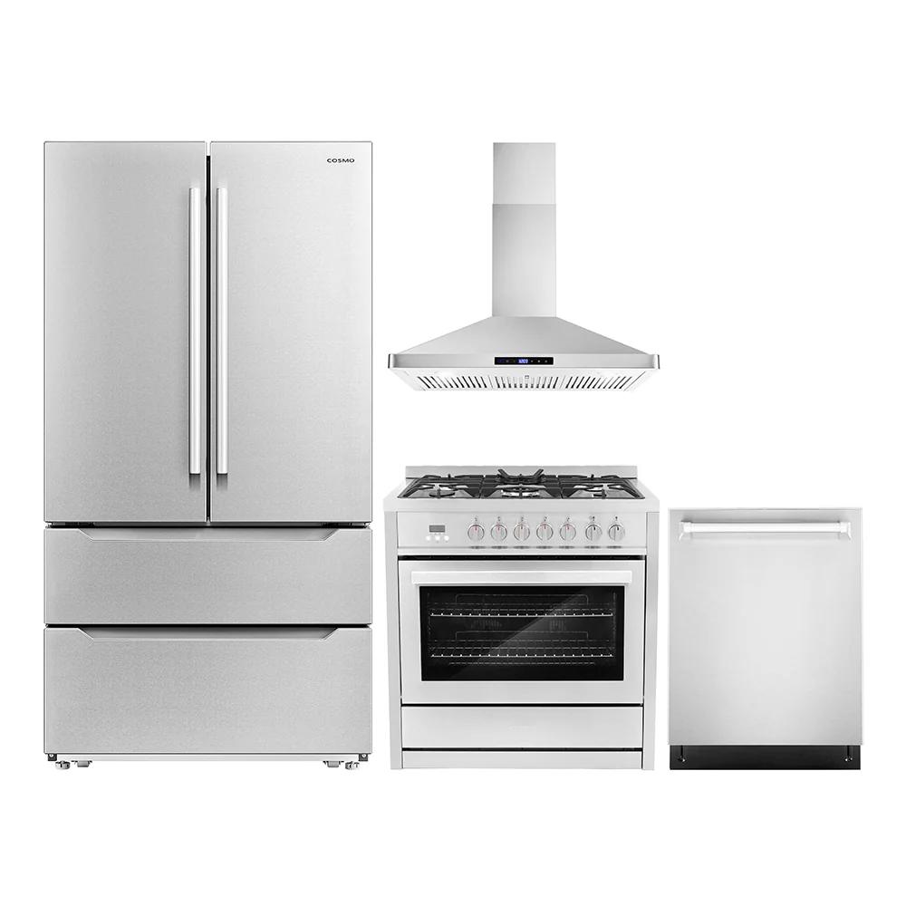 Cosmo 4-Piece Appliance Package - 36-Inch Single Oven Dual Fuel Range, Wall Mount Range Hood, Dishwasher and Refrigerator in Stainless Steel (COS-4PKG-217)