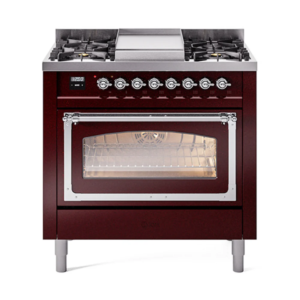 ILVE Nostalgie II Noblesse 36-Inch Dual Fuel Range and Triple Glass Door in Burgundy with Chrome Trim (UN36FNMPBUC)