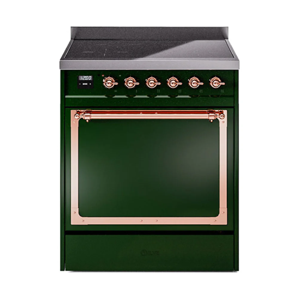 ILVE 30-Inch Nostalgie II Noblesse Induction Range with Solid Door Oven in Emerald Green with Copper Trim (UNI304QNMPEGP)