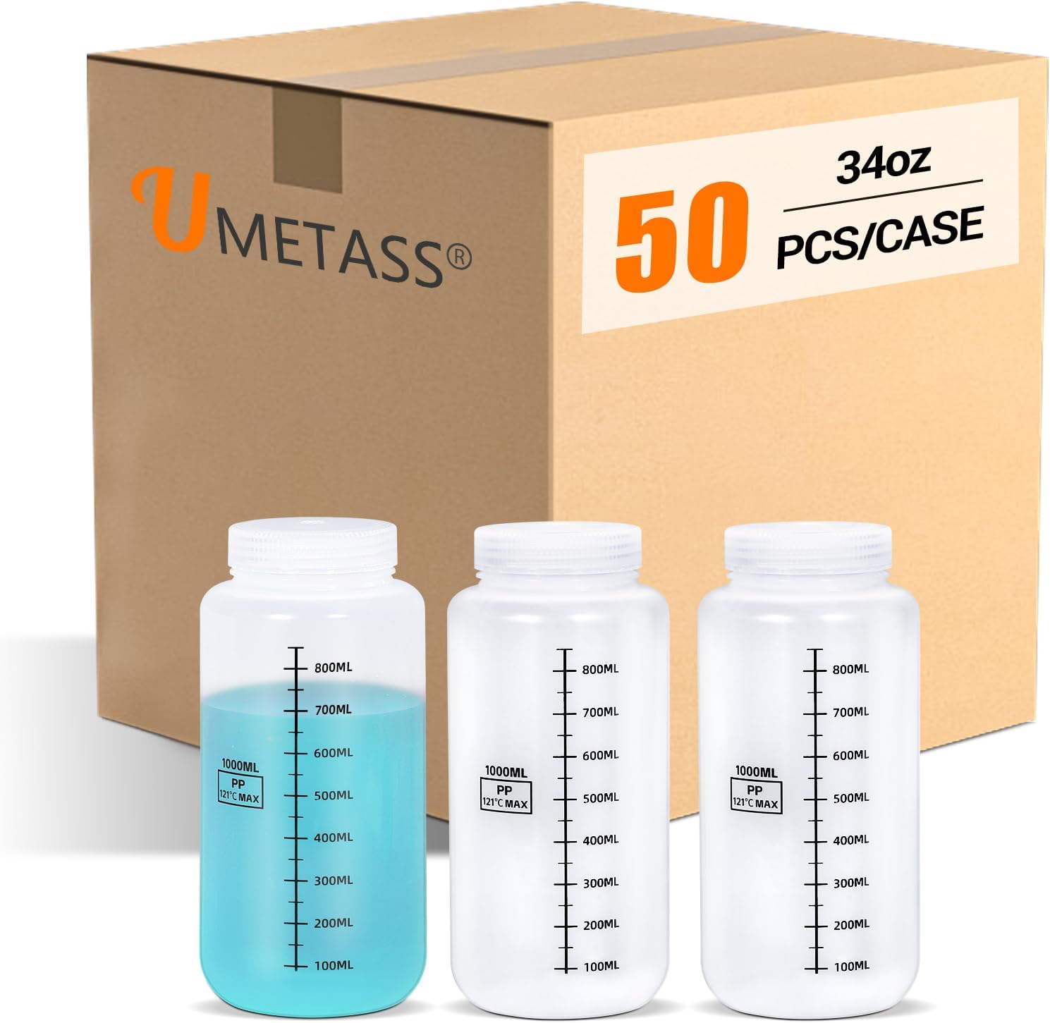 50Pack Reagent Bottle Plastic Sample Bottles with Screw Caps, 34oz Translucent PP Leak Proof Wide Mouth Liquids/Powder Container Medicine Jars for Liquids, Laboratory, Storage at Home