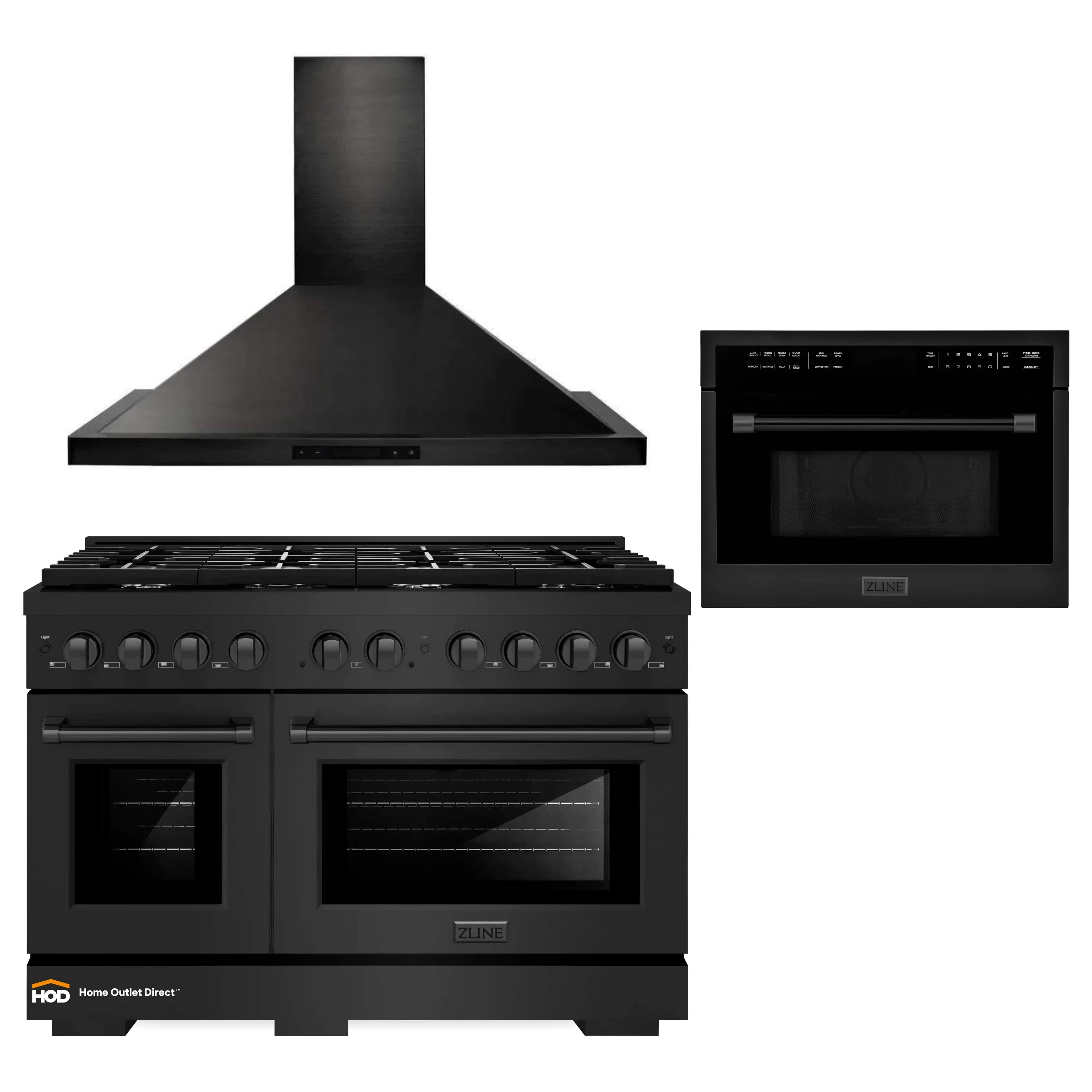 ZLINE 3-Piece Appliance Package - 48-Inch Gas Range, Convertible Wall Mount Hood, and Microwave Oven in Black Stainless Steel (3KP-SGRBRHMWO-48)