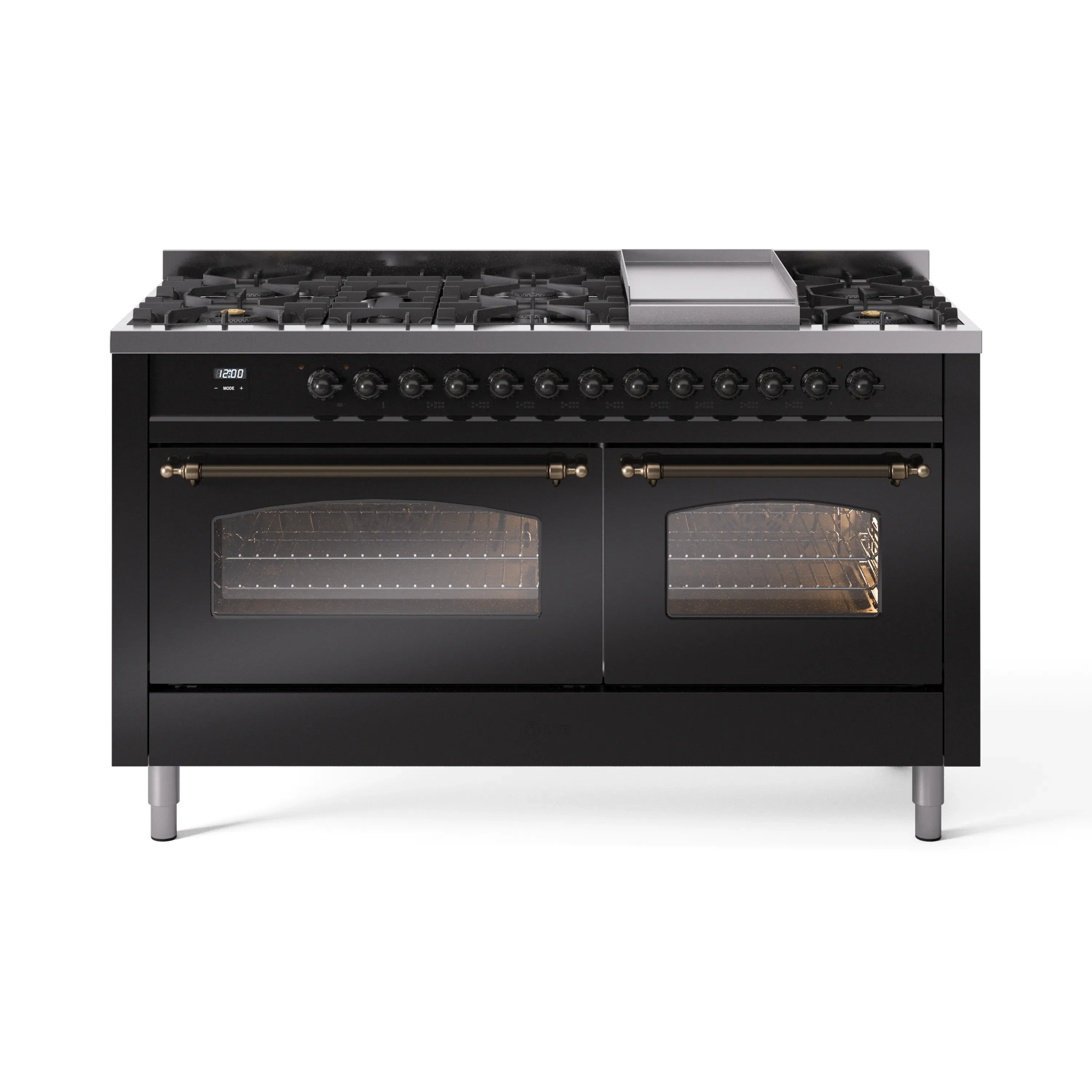 ILVE 60-Inch Nostalgie II Dual Fuel Range with 9 Burners, Griddle and Triple Glass Door Oven in Glossy Black with Bronze Trim (UP60FNMPBKB)
