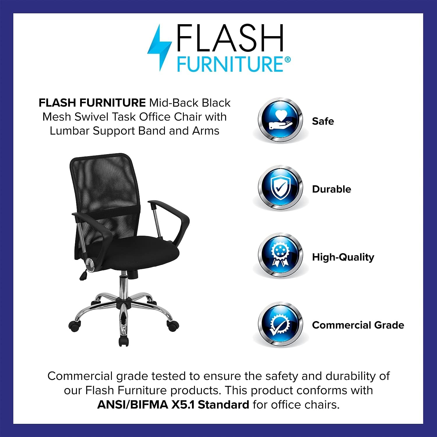 Flash Furniture Jenkins Mid-Back Black Mesh Swivel Task Office Chair with Lumbar Support Band and Arms