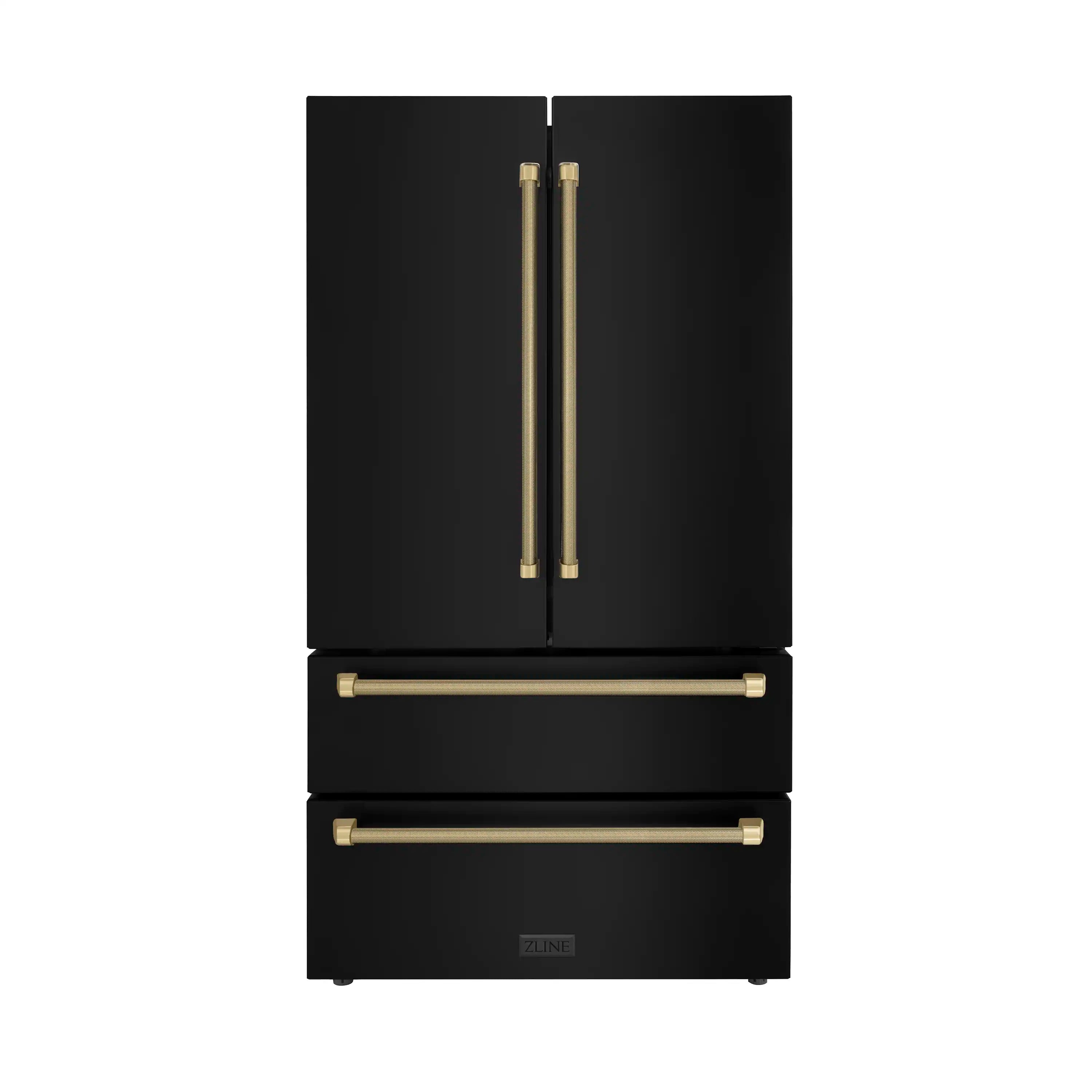 ZLINE Autograph 36-Inch Counter-Depth Refrigerator in Black Stainless Steel and Bronze Helix Handles (RFMZ-36-BS-KCB)