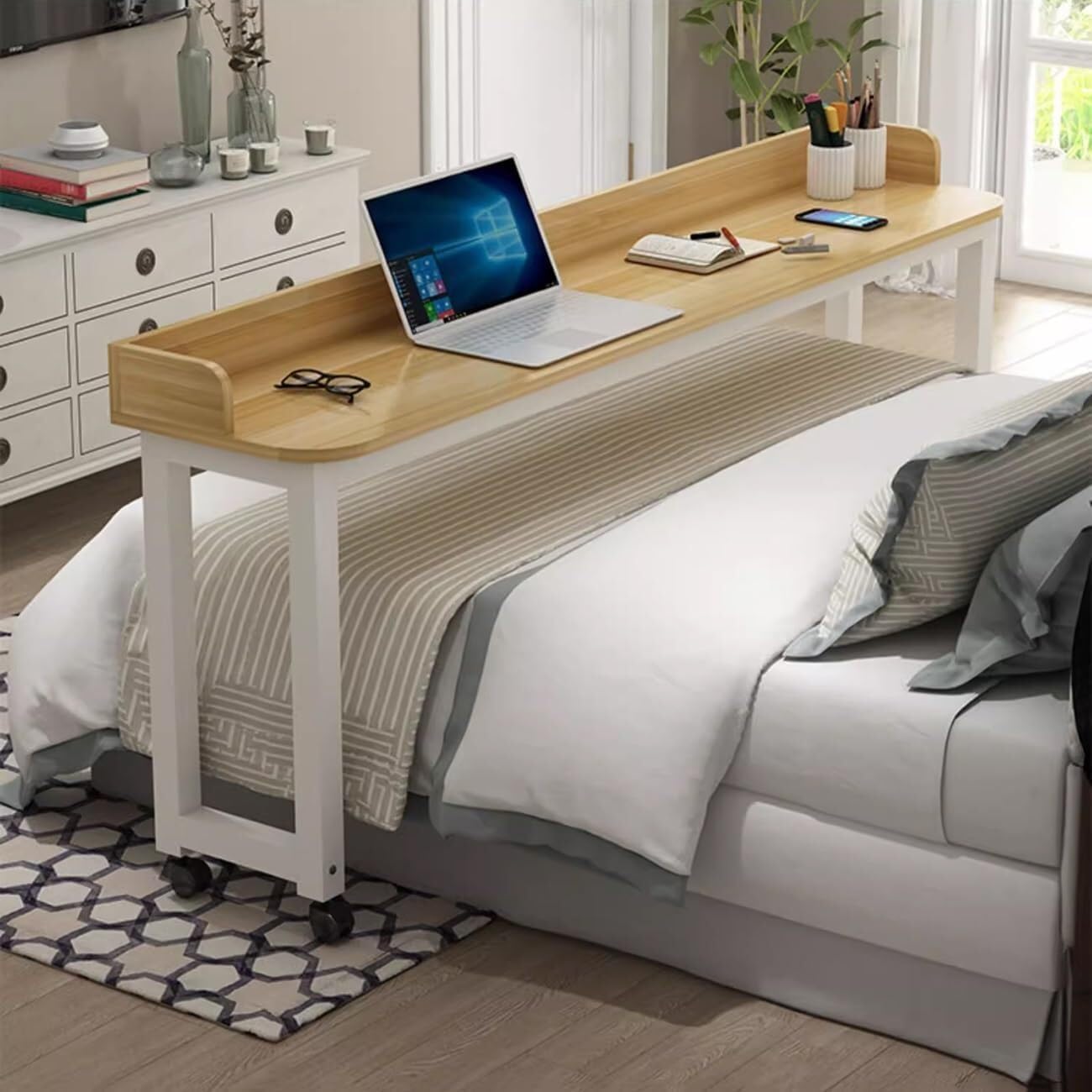 Overbed Table with Wheels, Standing Workstation Laptop Cart, Dining Table Computer Desk, Rolling Medical Bed Desk for Laptop Work