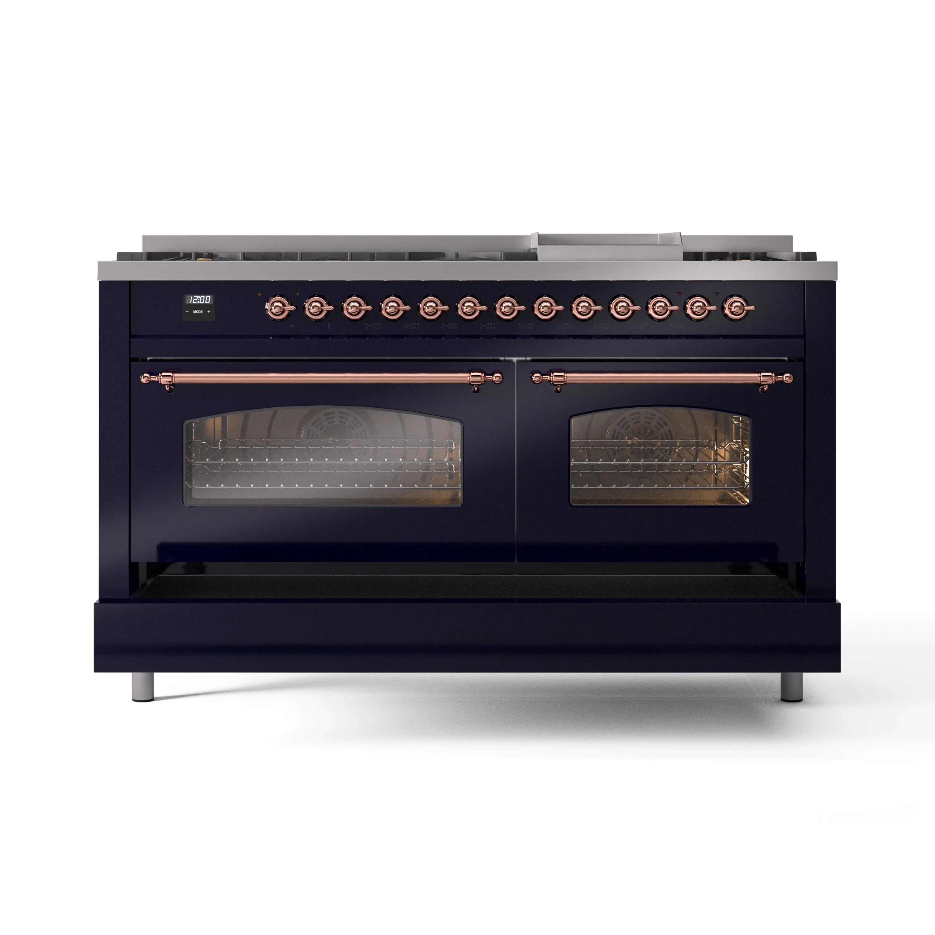 ILVE 60-Inch Nostalgie II Dual Fuel Range with 9 Burners, Griddle and Triple Glass Door Oven in Midnight Blue with Copper Trim (UP60FNMPMBP)