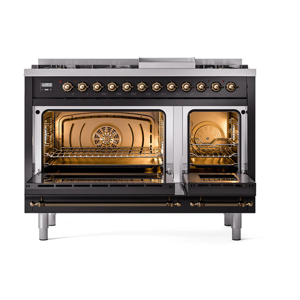 ILVE Nostalgie II Noblesse 48-Inch Dual Fuel Freestanding Range with Solid Door Oven in Glossy Black with Bronze Trim (UN48FQNMPBKB)