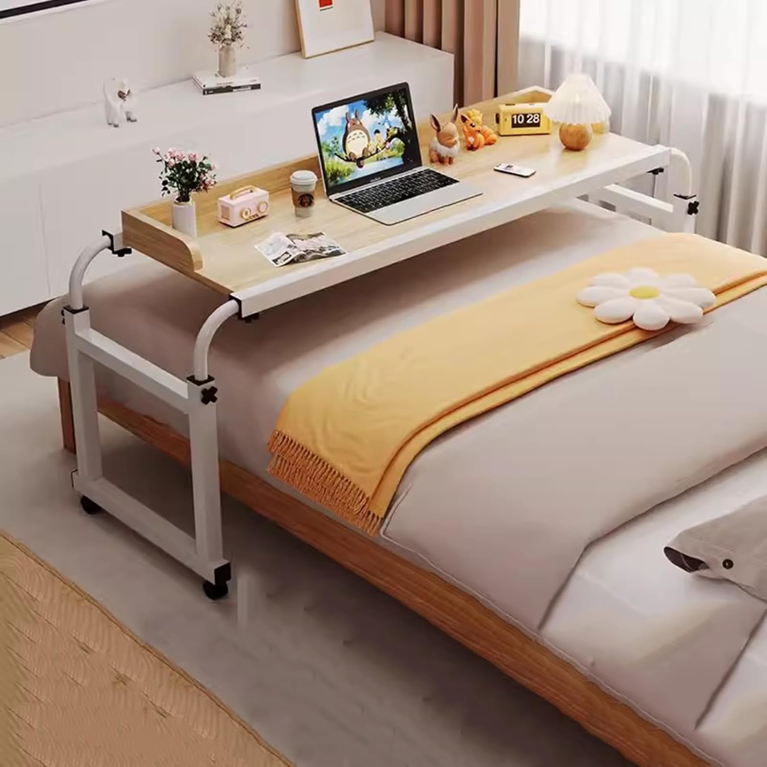 Medical Table with Wheels，Over Bed Desk Height Adjustable 65-95cm Food Tray Desk Laptop Cart Over Bed Desk Standing Over Bed Table King Size Portable Desk(Color:Wood)