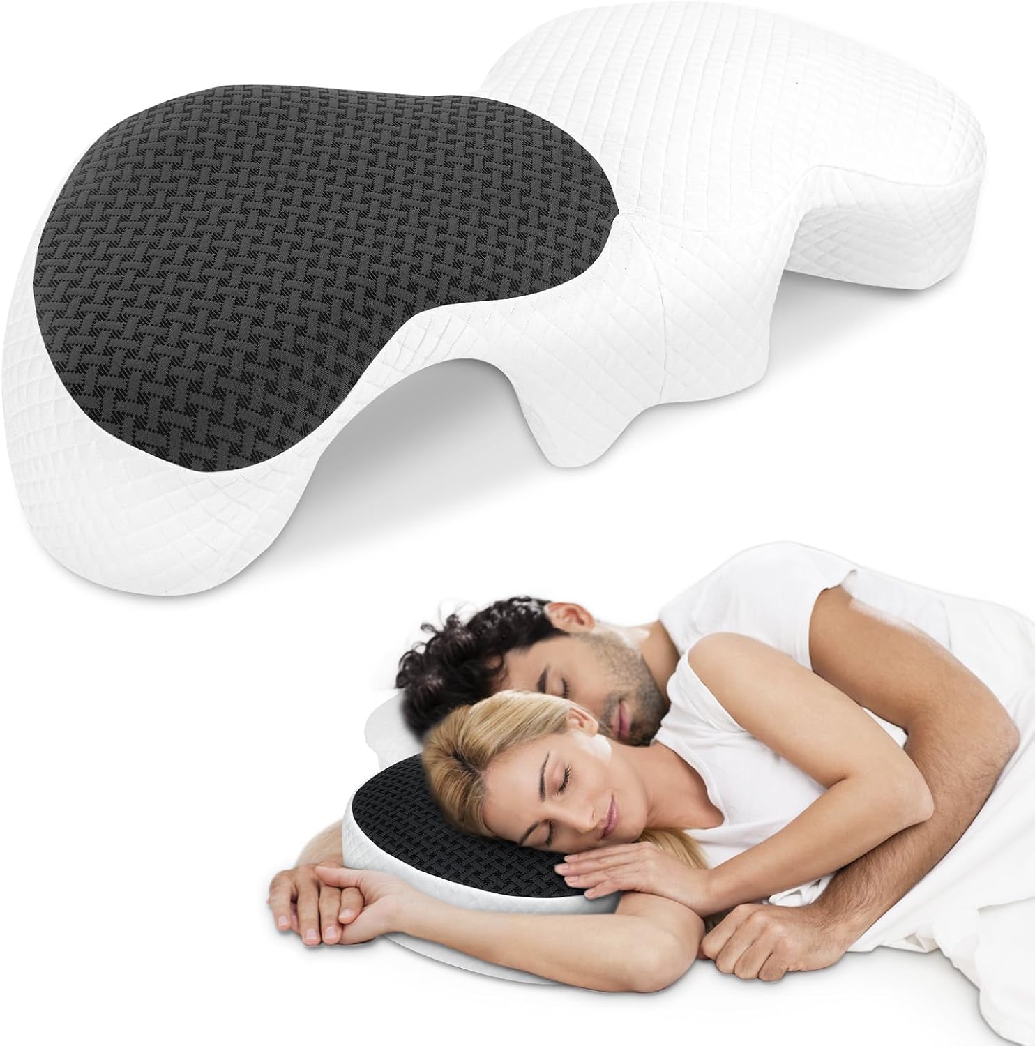 HOMCA Memory Foam Couple Pillow for Cuddling with Arm Hole for Pressure Relief, Ergonomic Neck Support Side Sleeper Pillow with Breathable Washable Cover