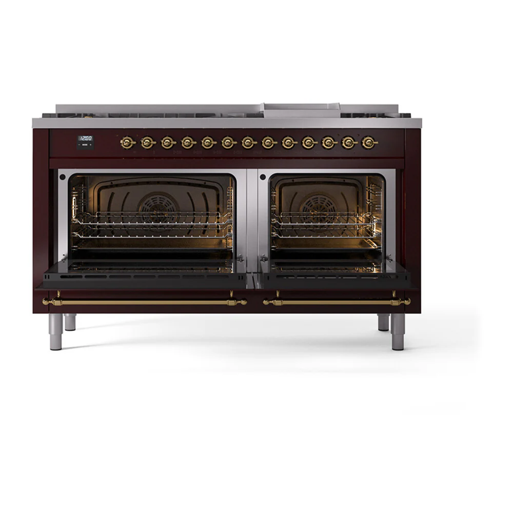 ILVE 60-Inch Nostalgie II Noblesse Dual Fuel Range with 9 Sealed Burners, Griddle, and Solid Door Oven in Burgundy with Brass Trim (UN60FQNMPBUG)