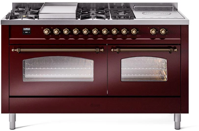 ILVE Nostalgie II 60-Inch Dual Fuel Range with 7 Burners, Griddle, & French Top with Triple Glass Door Oven in Burgundy with Bronze Trim (UP60FSNMPBUB)
