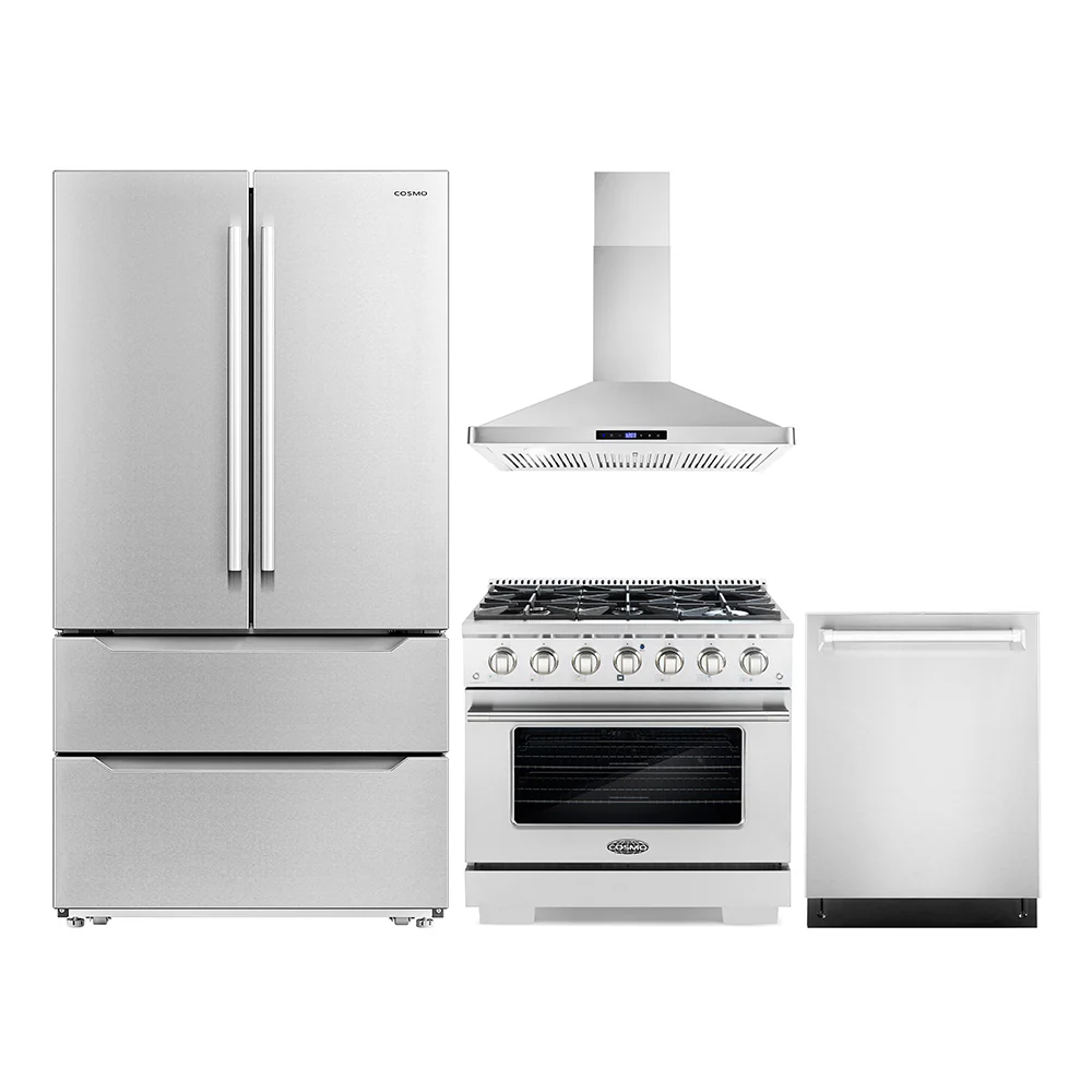 Cosmo 4-Piece Appliance Package - 36-Inch Gas Range, Wall Mount Range Hood, Dishwasher and Refrigerator in Stainless Steel (COS-4PKG-199)