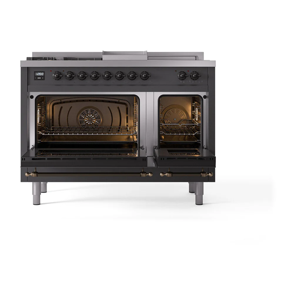 ILVE 48-Inch Nostalgie II Noblesse Dual Fuel Range with 5 Sealed Burners, Griddle, French Top and Solid Door Oven in Matte Graphite with Bronze Trim (UN48FSQNMPMGB)