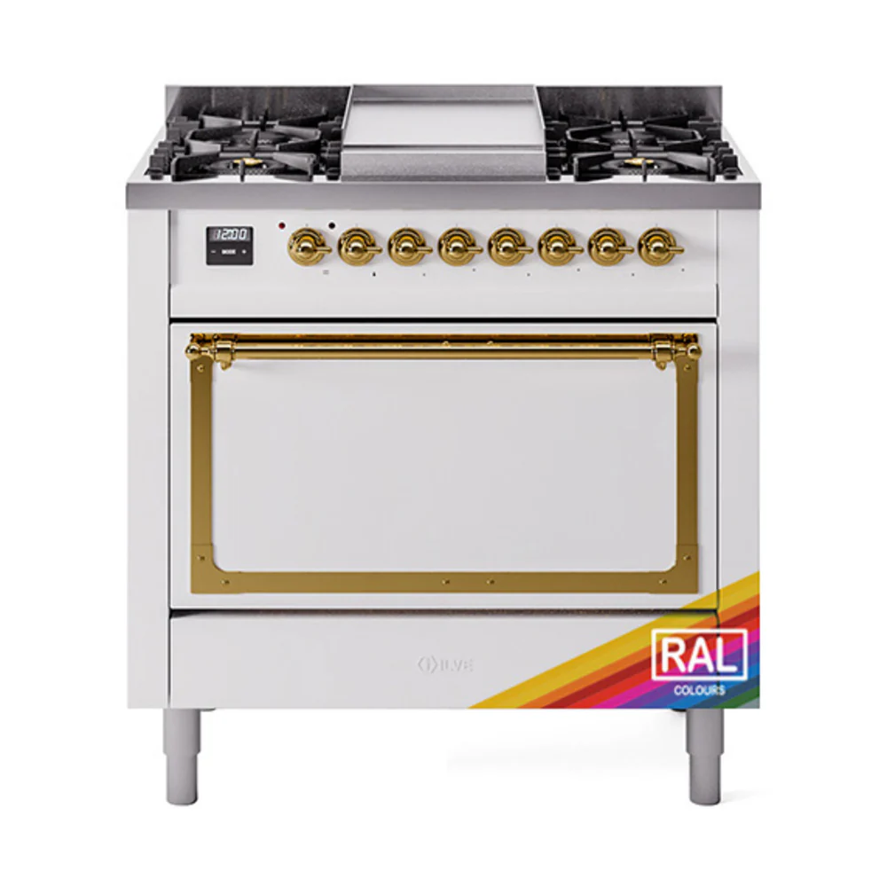 ILVE Nostalgie II Noblesse 36-Inch Dual Fuel Range and Solid Door Oven in RAL with Brass Trim (UN36FQNMPRAG)