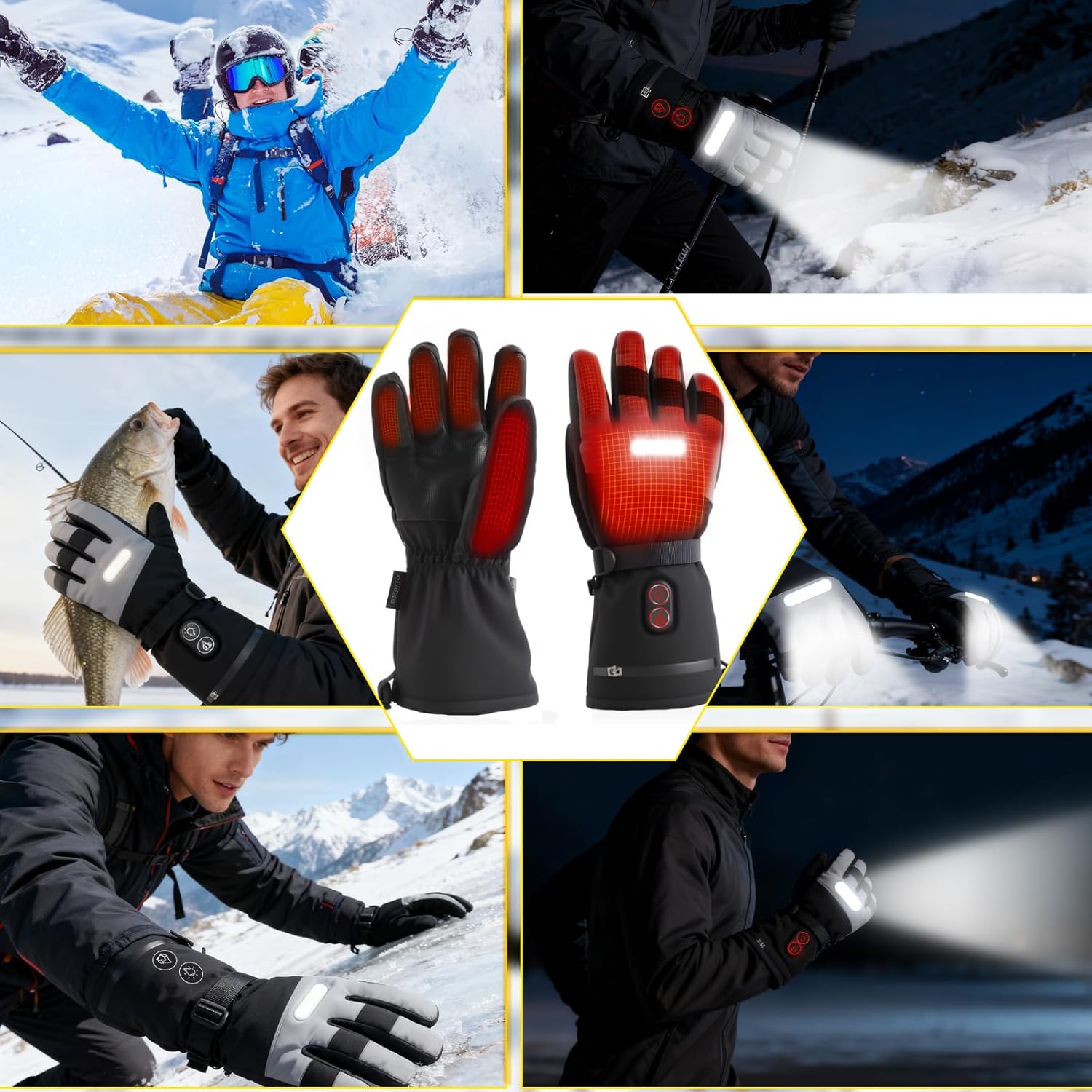 Heated Gloves with LED Flashlight, 7500mAh*2 Rechargeable Heated Gloves for Men Women, 3 Heating Modes with Touchscreen, Waterproof Electric Heated Ski Glove for Winter Outdoor Work Camping Arthritis