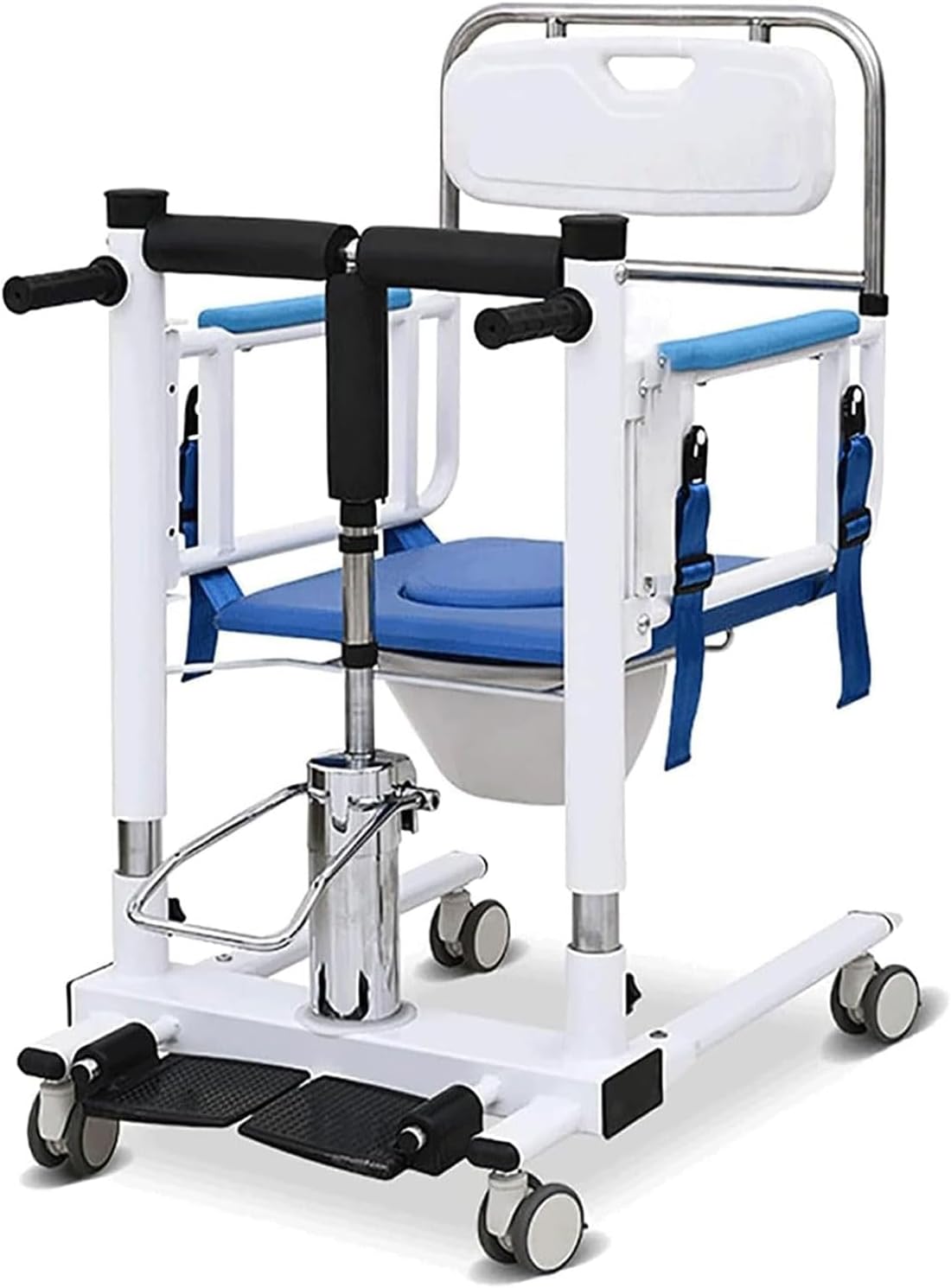 Transport Hydraulic Patient Lift for Home w/IV Pole and Desk Tray Portable Steel Transfer Lifter 4-in-1 Transport Wheelchair Bedside Commode 120KG/265 lb for Elderly Disabled Seniors (Blue)