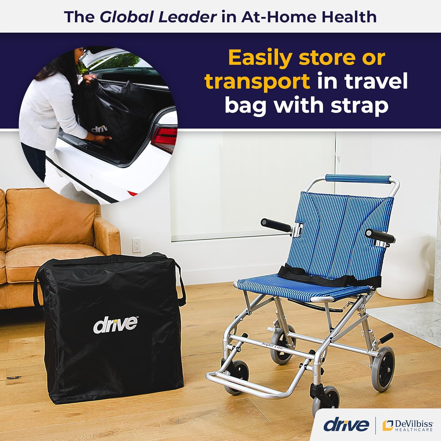 Drive Medical Lightweight Folding Transport Wheelchair With Carry Bag & Flip-Backs Arms