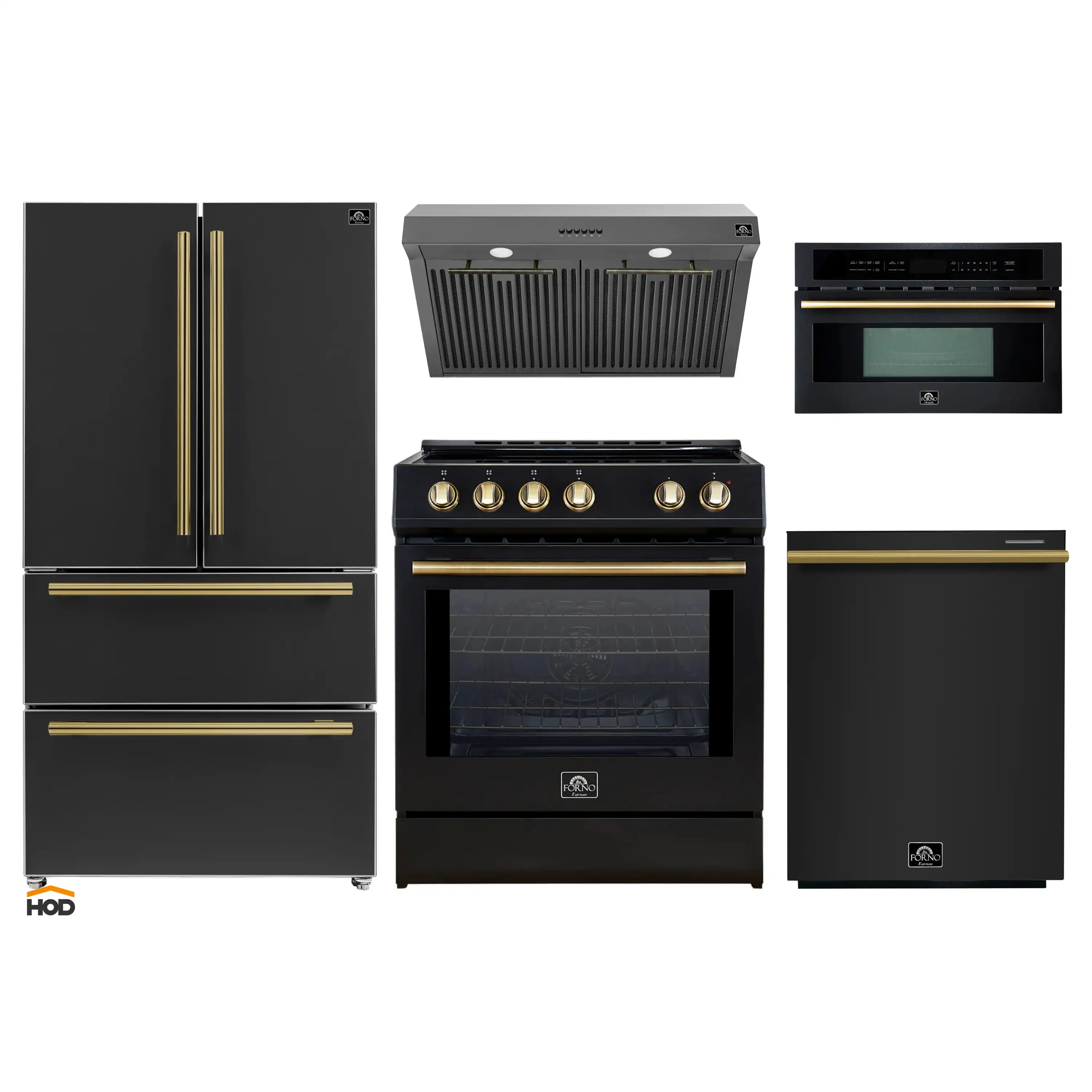 Forno 5-Piece Appliance Package - 30-Inch Induction Range, Under Cabinet Range Hood, Refrigerator, Dishwasher, and  30-Inch Microwave Oven in Black with Antique Brass Trim