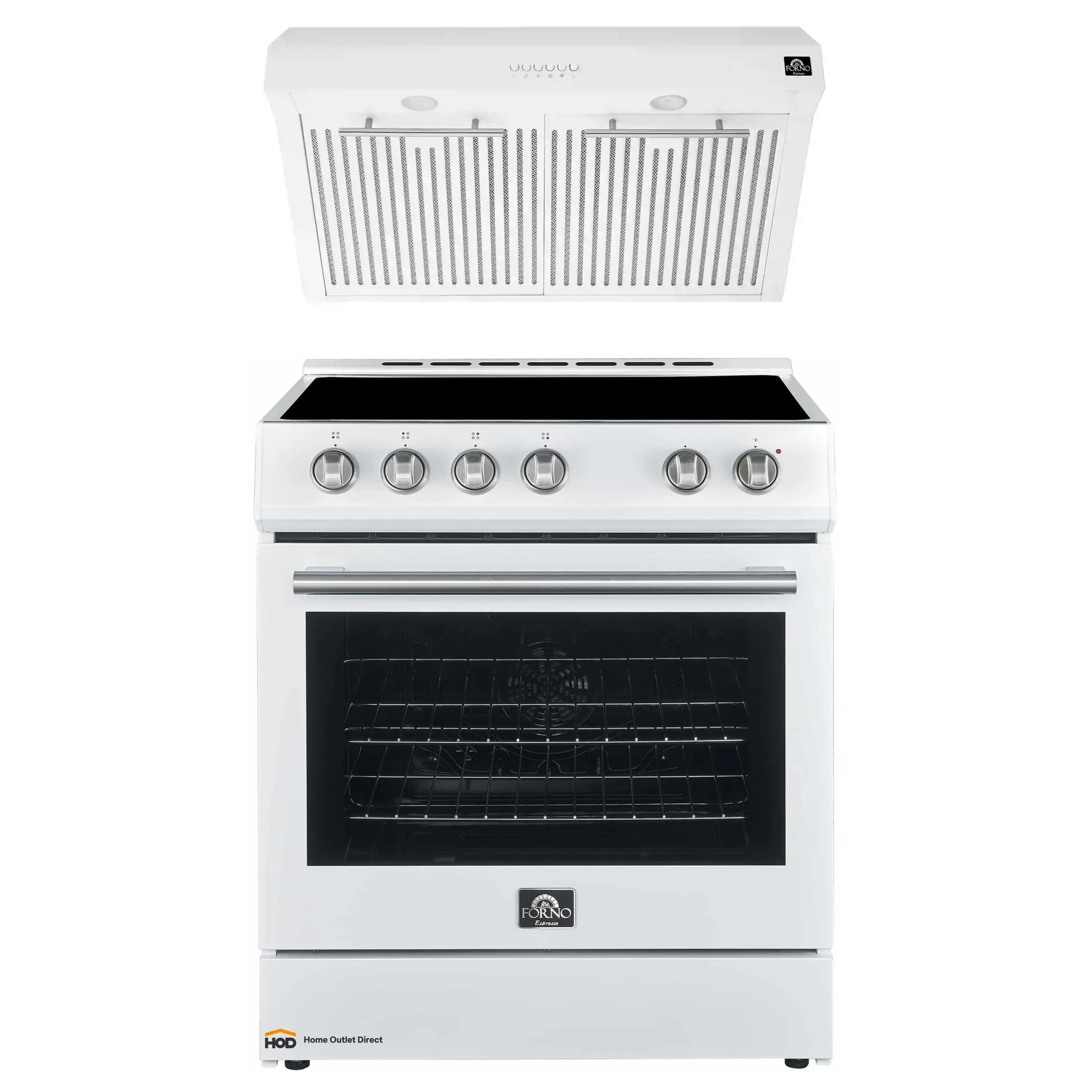 Forno Espresso 2-Piece Appliance Package - 30-Inch Electric Range with 5.0 Cu.Ft. Electric Oven and Under Cabinet Range Hood in White with Stainless Steel Trim (FBDL-002-03US)