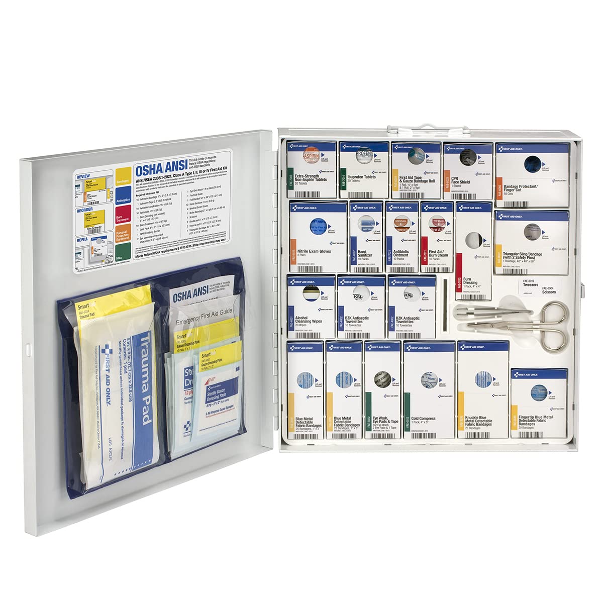 First Aid Only 746005 SmartCompliance 50-Person ANSI 2021 A and OSHA Compliant First Aid Cabinet for Restaurant Kitchen, Cafeteria, and Other Food Service Venues, Large Metal Cabinet
