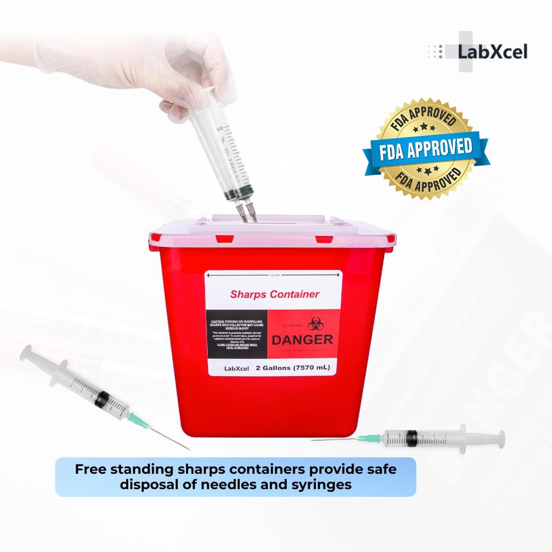 Polypropylene 2 Gallons Sharps Container with Cap – Needle & Syringe Disposal for Home & Professional Use, Free Standing, Translucent Sliding Lid, PVC-Free Medical Waste Bin – Red, 24 Count