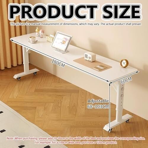 Adjustable Height Overbed Table, Mobile Rolling Hospital Bed Desk, Laptop Workstation with Wheels, Bedside Table for Bedroom & Home Use(180 * 60cm)