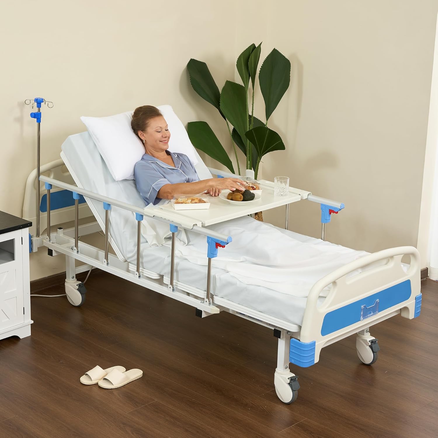 ELENKER Full Electric Hospital Bed for Home Use, ICU Medical Bed, Premium 2 Function Hospital ICU Bed with Remote Control, Quiet Wheels, IV Pole, Mattress, 5-Inch Lockable Casters