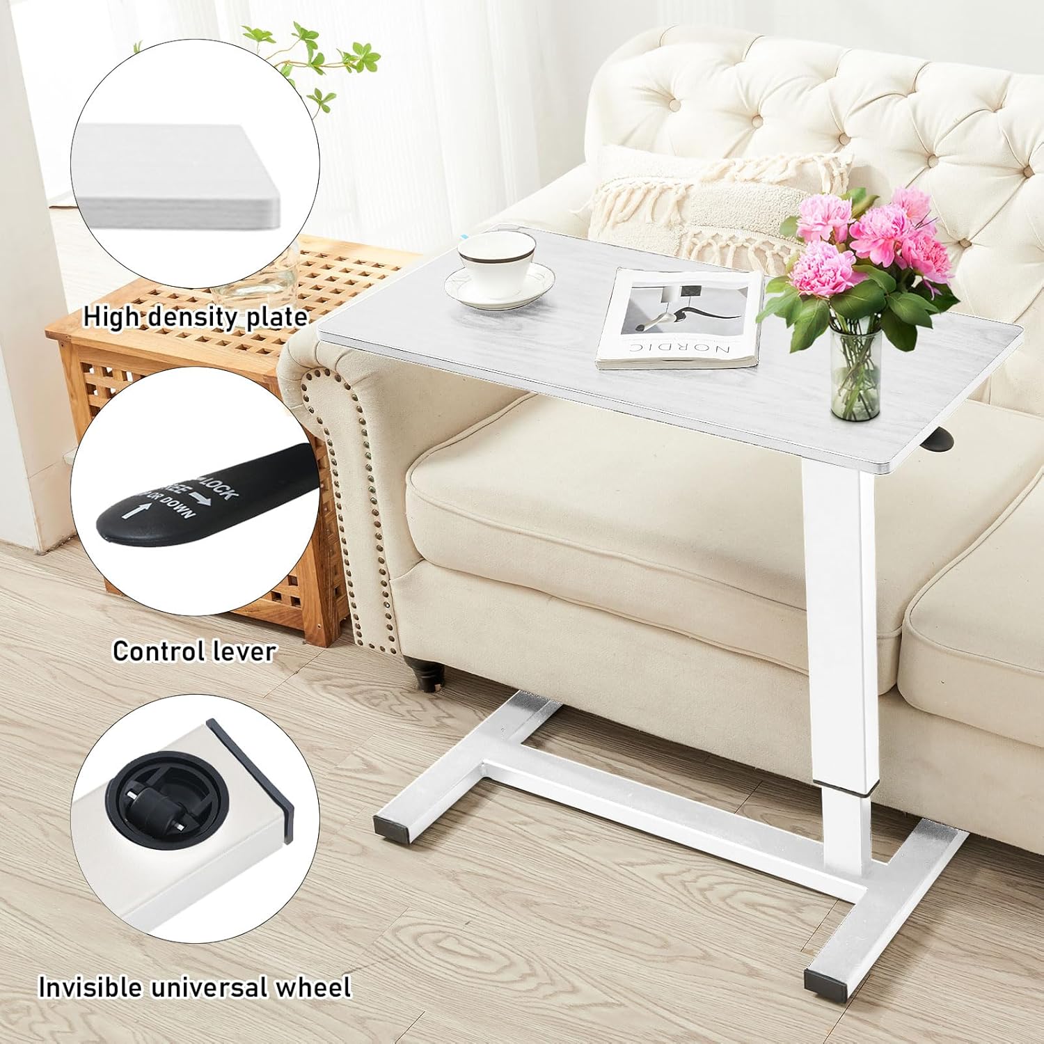 Overbed Table with Swivel Hidden Wheels Adjustable Height, Pneumatic Mobile Standing Desk Laptop Bedside Table Multi-Purpose for Home and Hospital Use (White)