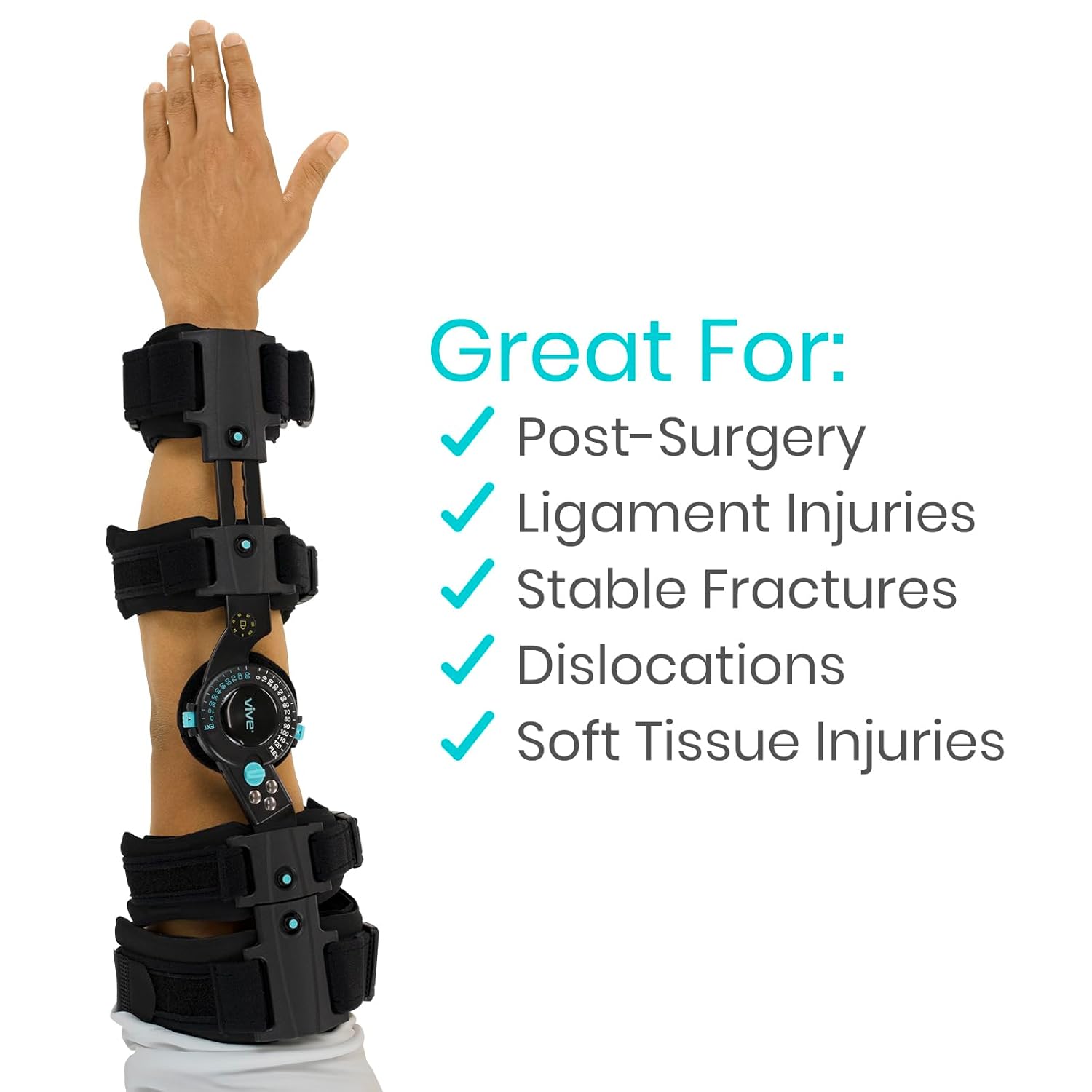 Vive Hinged ROM Elbow Brace (Fits Left) - Range of Motion Support Sling Stabilizer for Dislocated Arm - Adjustable Splint & Shoulder Strap - Post Tendon Injury & Surgery Pain Relief Recovery