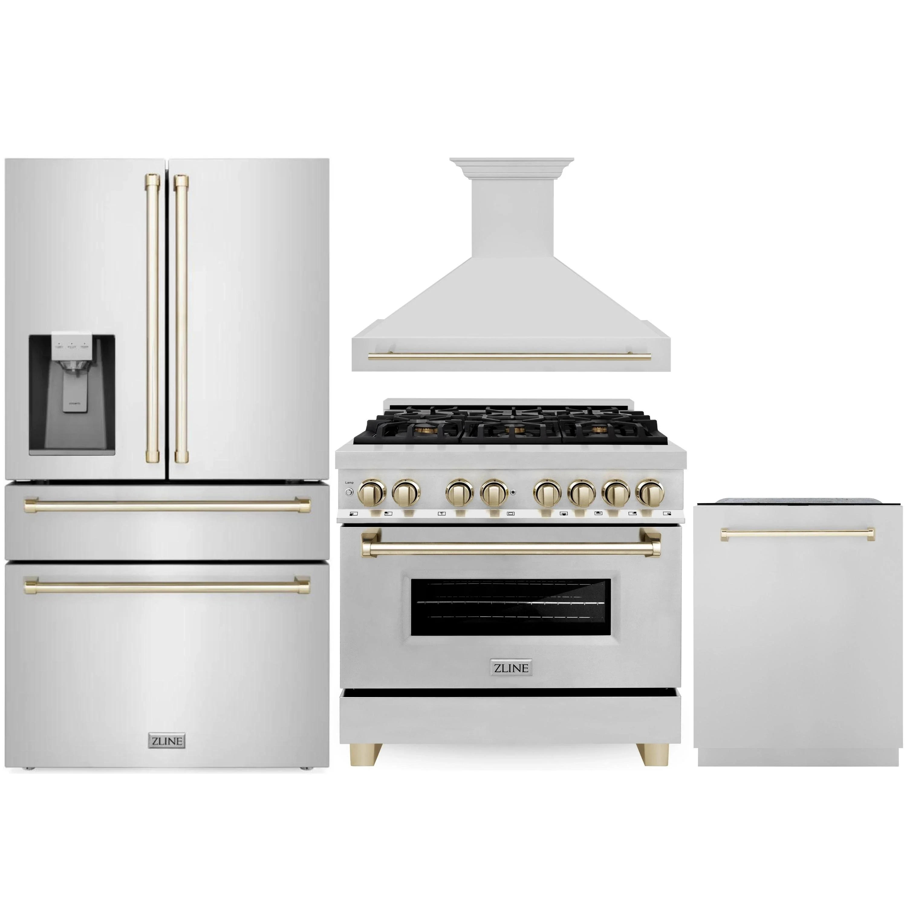 ZLINE Autograph Edition 4-Piece Appliance Package - 36-Inch Dual Fuel Range, Refrigerator with Water Dispenser, Wall Mounted Range Hood, & 24-Inch Tall Tub Dishwasher in Stainless Steel with Gold Trim (4AKPR-RARHDWM36-G)