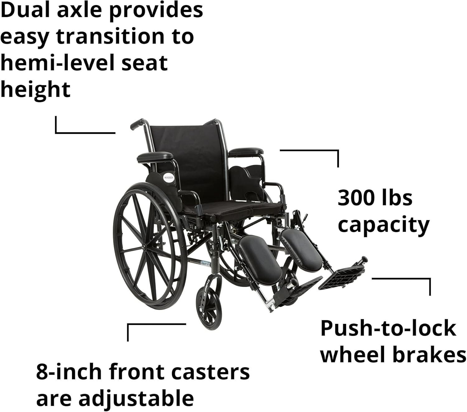 McKesson Wheelchair, Swing Away Foot Leg Rest, Elevating Leg Rest, Desk Length Arms Flip Back, 18 in Seat, 300 lbs Weight Capacity, 1 Count