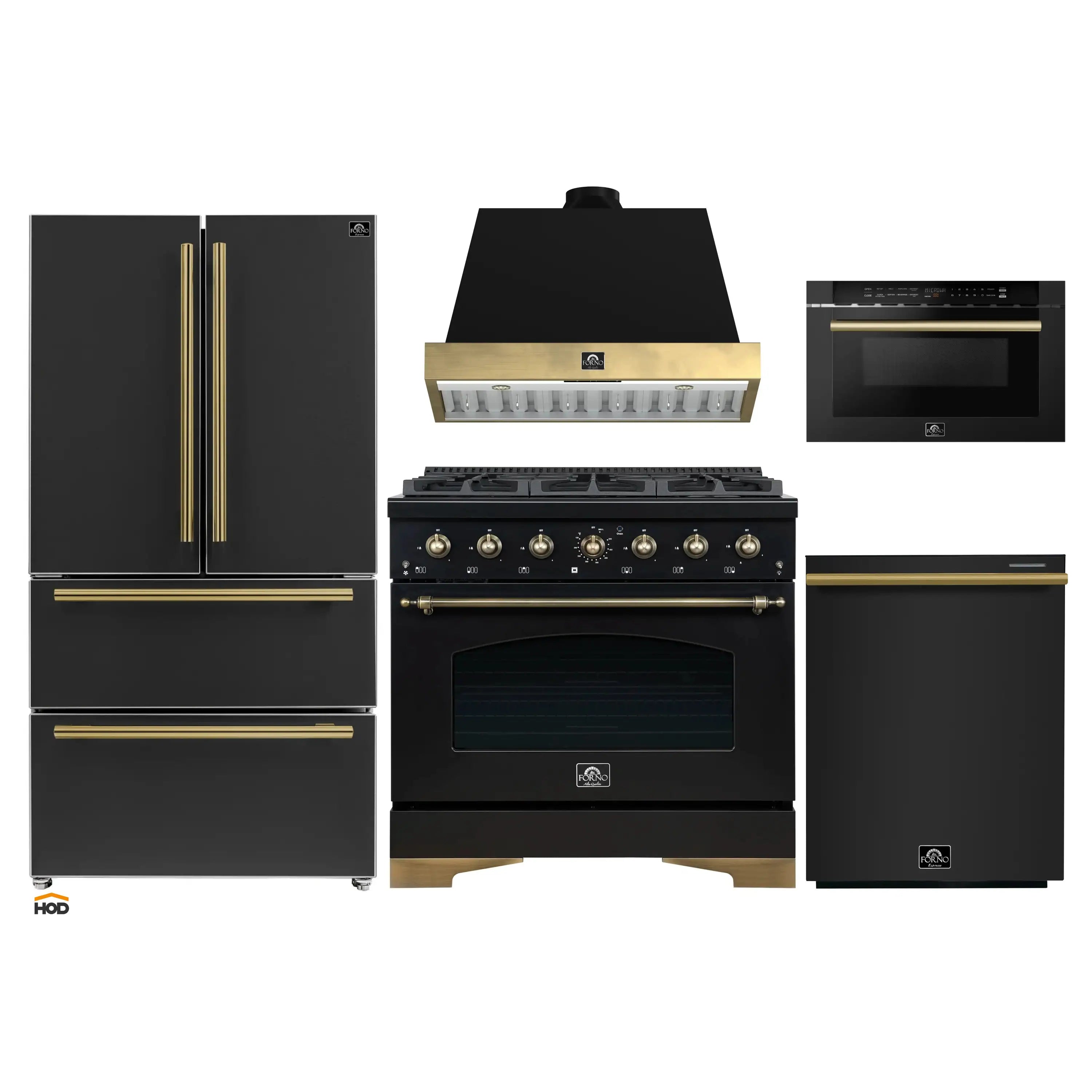 Forno Antico 5-Piece Appliance Package - 36-Inch Gas Range, 36-Inch Hood, 36-Inch Refrigerator, 24-Inch Dishwasher, & 24-Inch Microwave Drawer in Black with Antique Brass Trim
