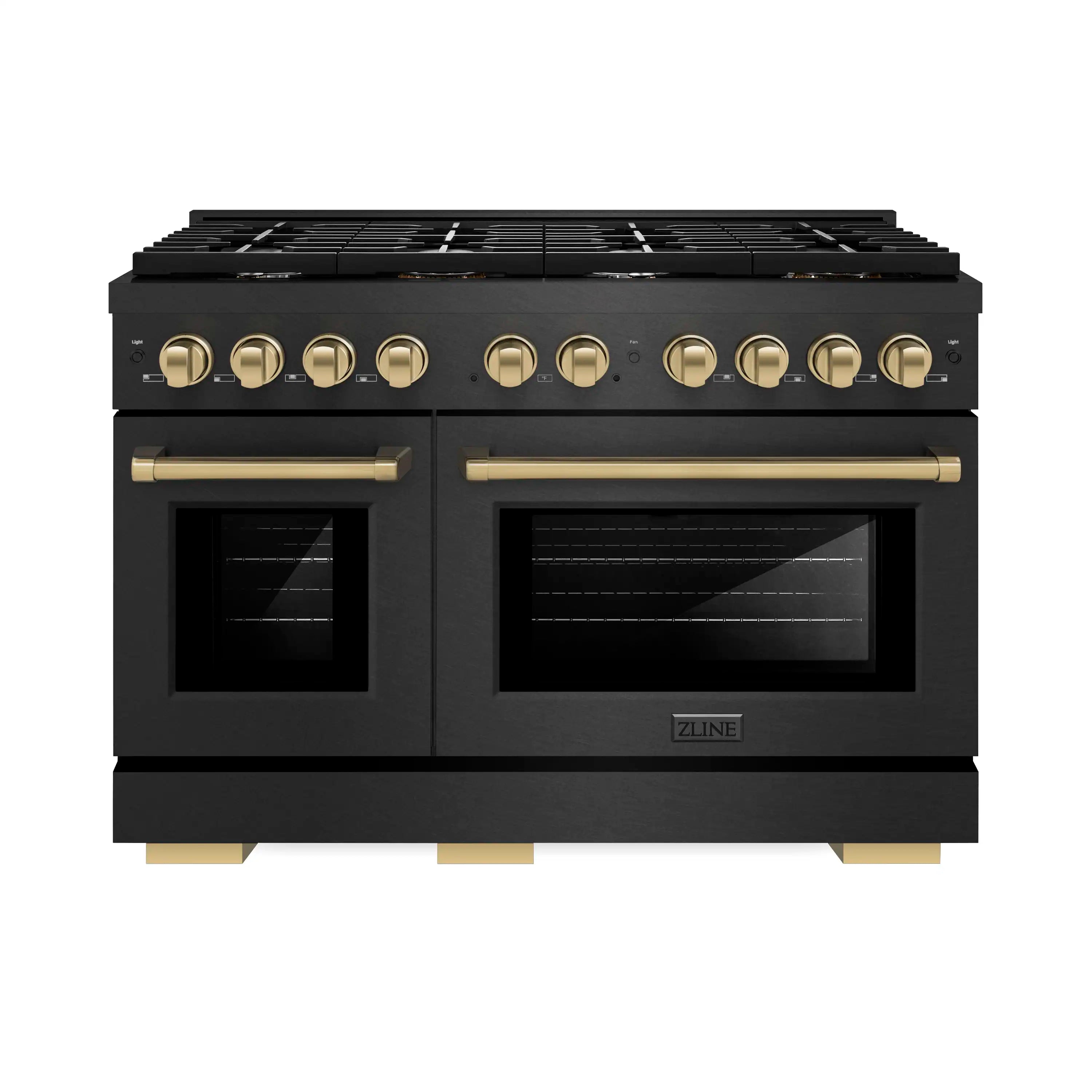 ZLINE Autograph 48-Inch 6.7 Cu. Ft. Paramount Dual Fuel Range with 8 Burner Gas Cooktop in Black Satin and Champagne Accents (SDRBSZ-48-CB)