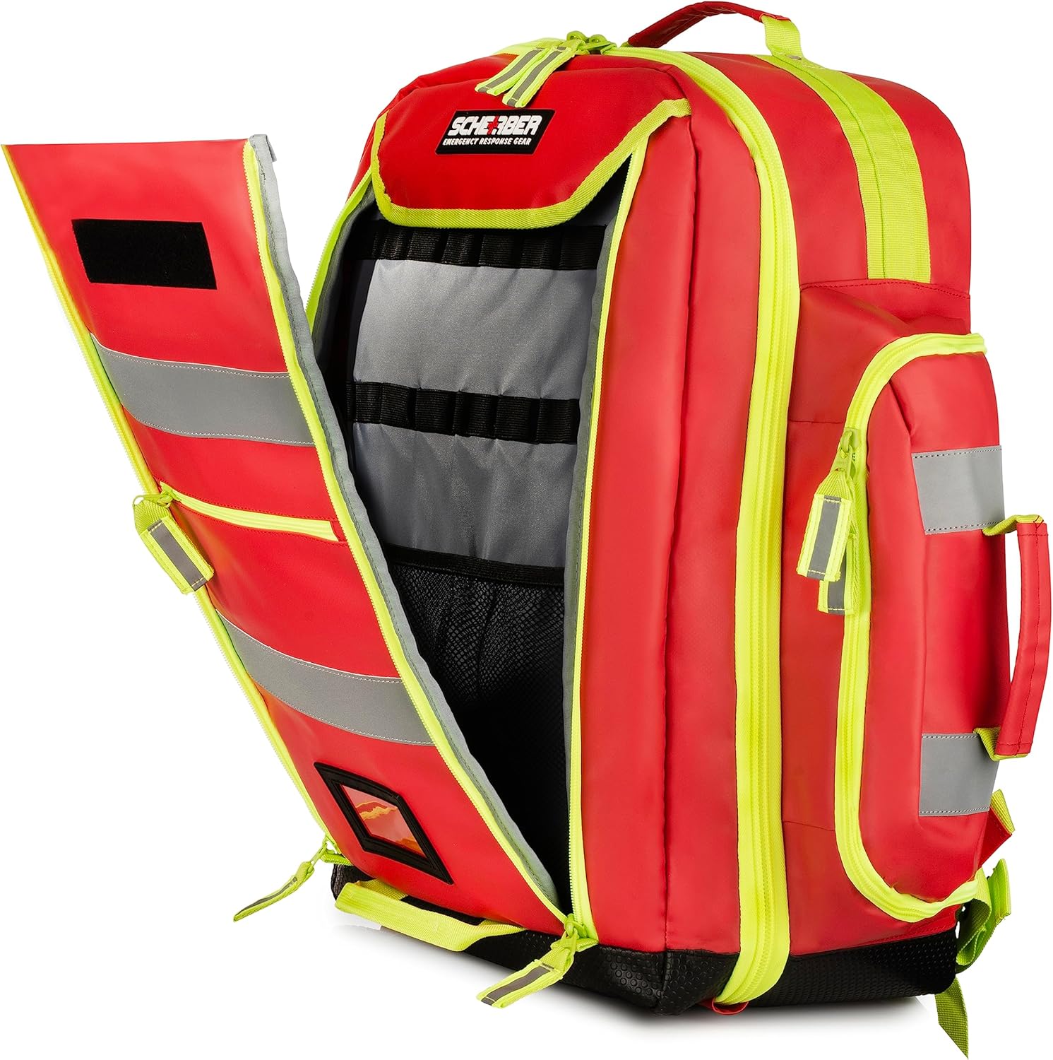 Scherber Fully-Stocked Premium First Responder Backpack | EMT/EMS Medic Trauma & Oxygen Medical Professional Kit | Bag w/ 4 Color-Coded Removable Pouches, O2 Storage, & 250+ First Aid Supplies - Red