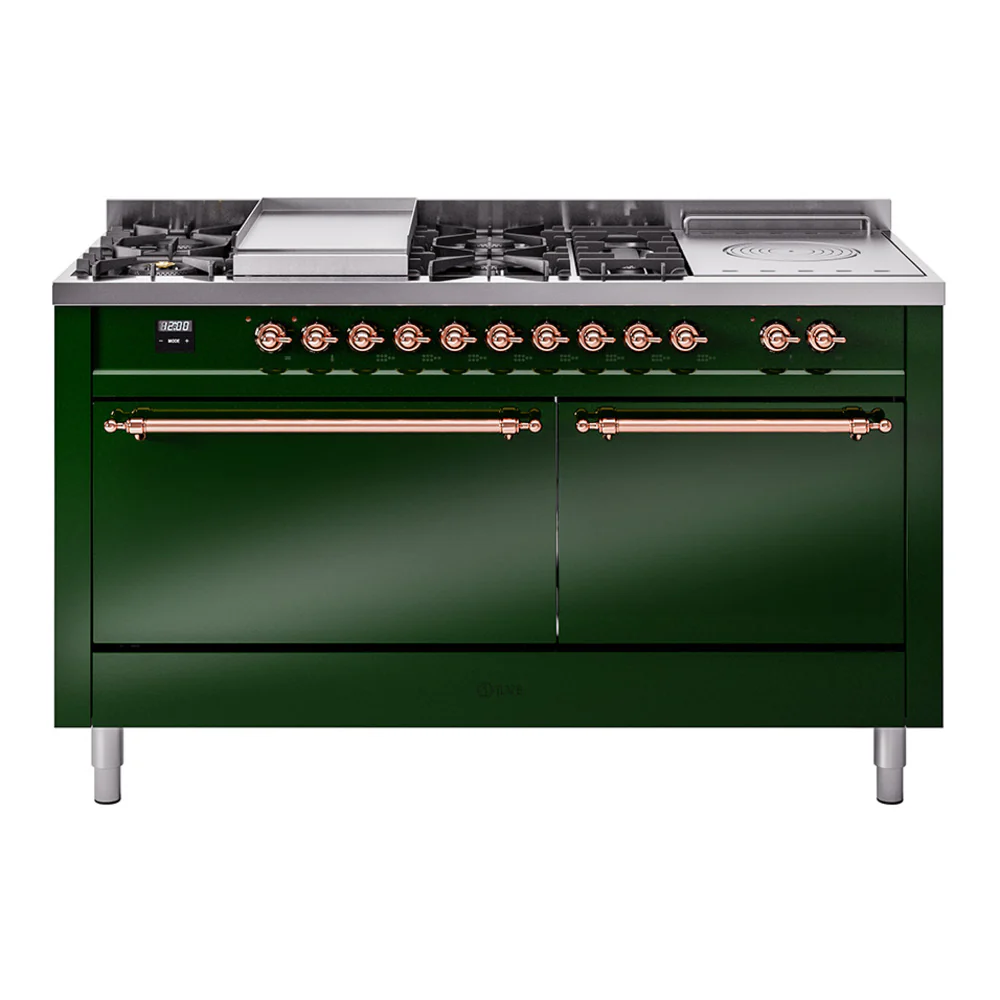 ILVE Nostalgie II 60-Inch Dual Fuel Range with 7 Burners, Griddle, & French Top with Solid Door Oven in Emerald Green with Copper Trim (UP60FSQNMPEGP)