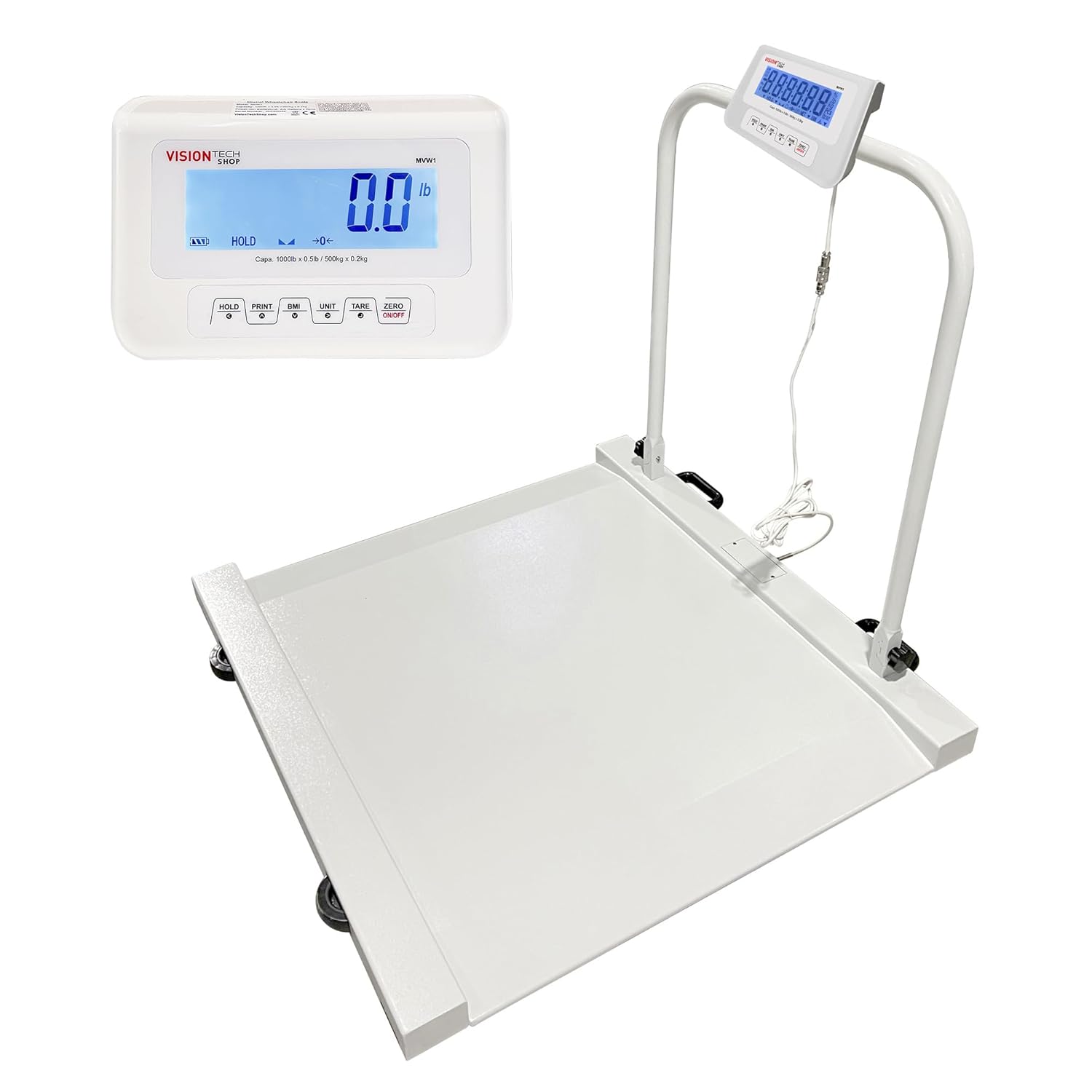 VisionTechShop MVW1 Heavy Duty Wheelchair Scale Platform 1000lb x 0.5lb / 500kg x 0.2kg, Intergrated Foldable Handle and Wheels for Easy Portability, Large LCD Display with Backlight - 2 Pieces