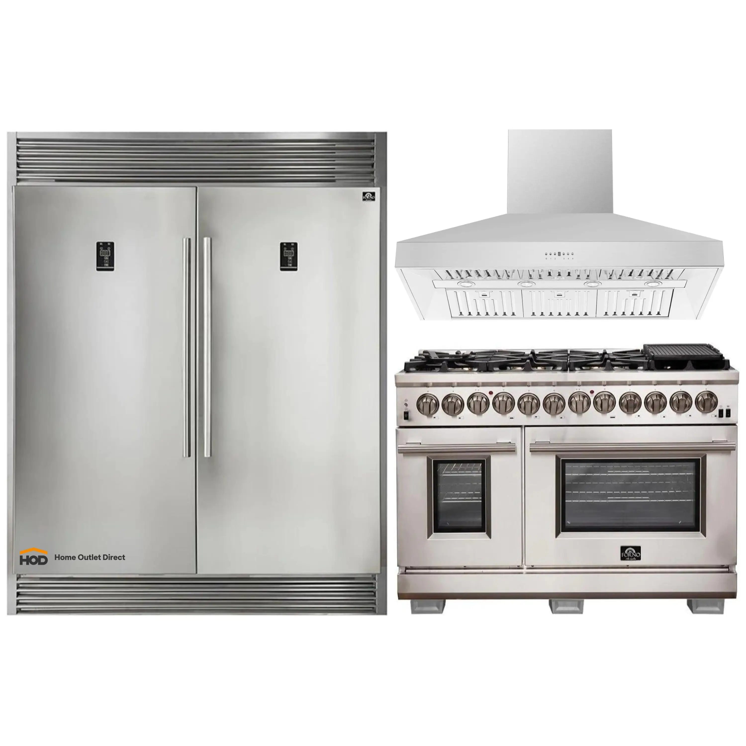 Forno 3-Piece Pro Appliance Package - 48-Inch Dual Fuel Range, 60-Inch Pro-Style Refrigerator & Wall Mount Hood in Stainless Steel