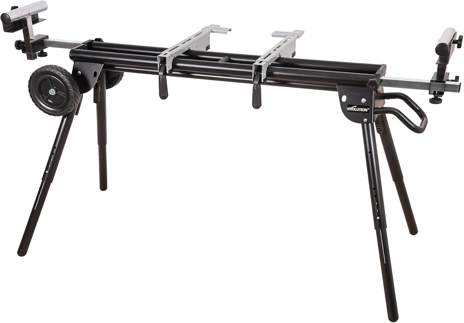 Evolution Power Tools Miter Saw Stand PLUS - Compact Folding Stand with Extendable Arms, Large Wheels, Universal Fittings for Most Brands Evolution, Makita, DeWalt, Bosch, Ryobi, Einhell and Metabo