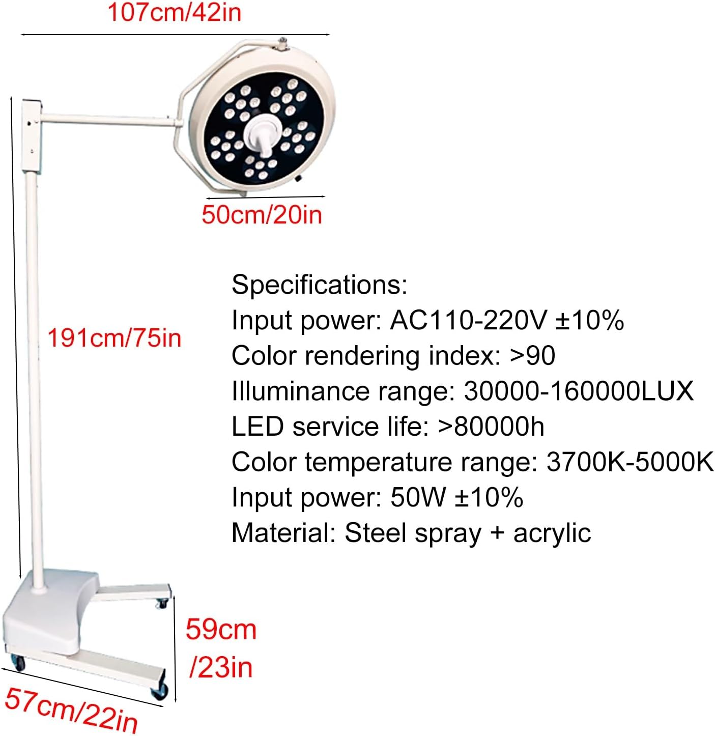 LED Shadowless Mobile Lamp, LED Surgical Medical Exam Light, Dental Light with Brightness Adjustment Knob for Gynaecology Outpatient Medical Examinations